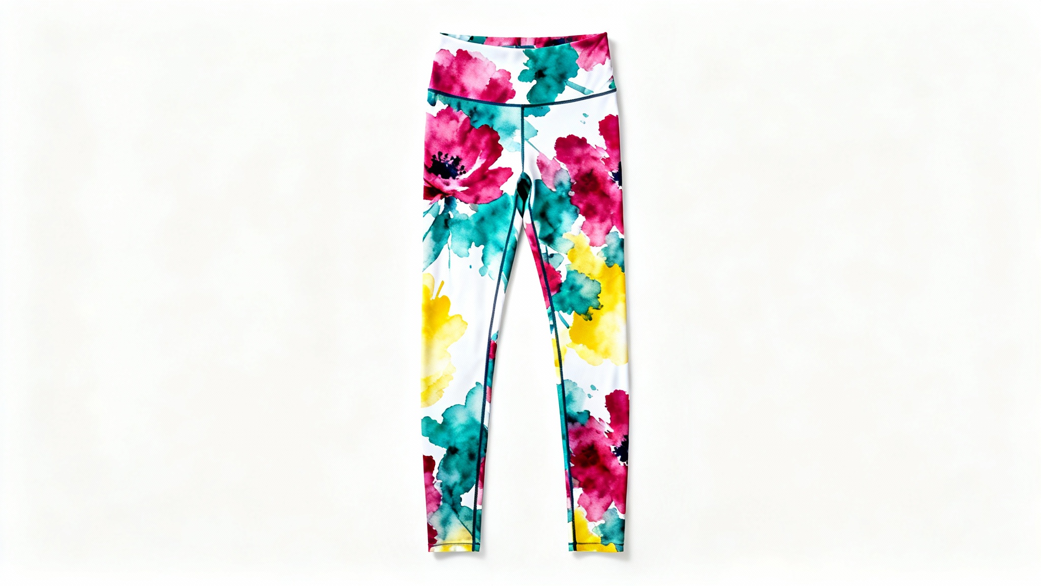 A pair of custom-designed leggings with a vibrant abstract watercolor floral pattern, laid flat on a clean white background.