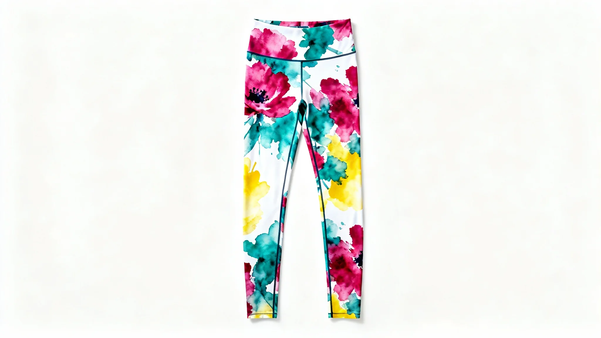 A pair of custom-designed leggings with a vibrant abstract watercolor floral pattern, laid flat on a clean white background.