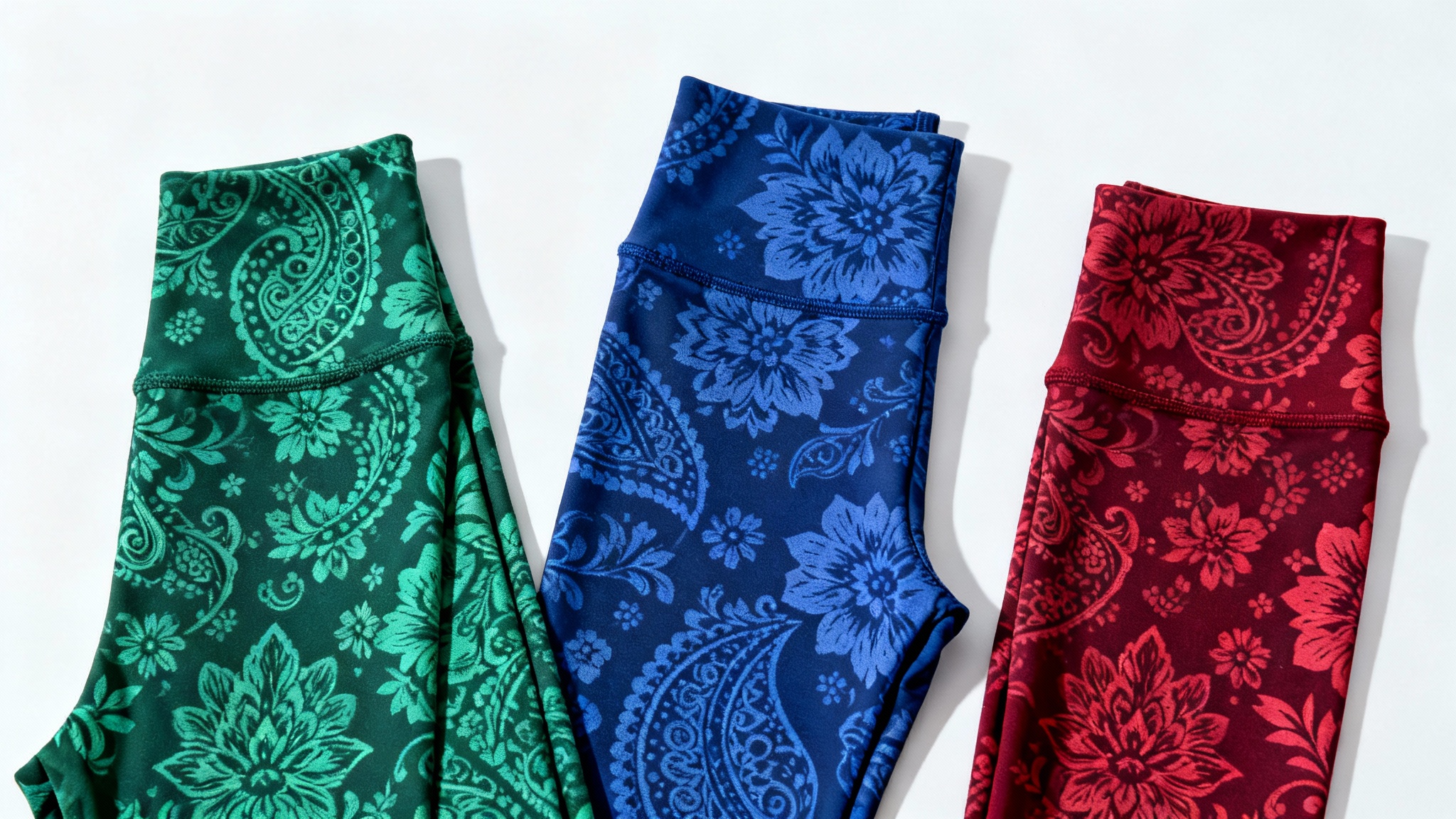 A flat lay product mockup of a pair of women's leggings with a vibrant floral and paisley design in jewel tones, displayed on a clean white background.