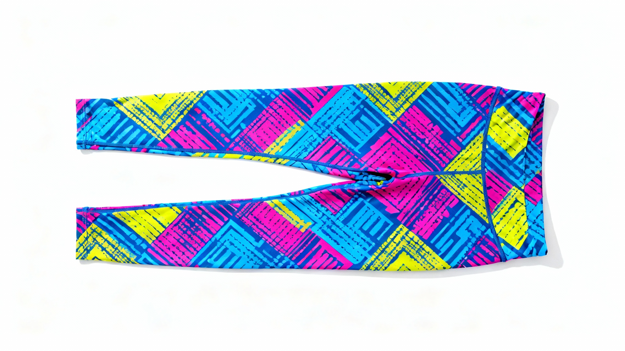 A flat-lay photograph of a pair of leggings with a colorful, abstract geometric pattern on a plain white background, showcasing a custom design.