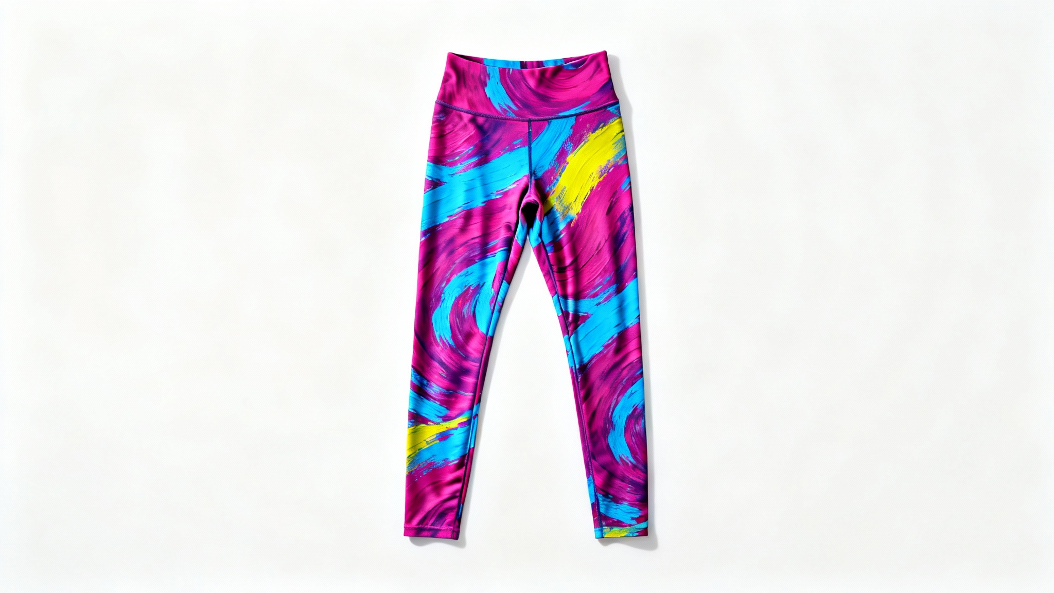 A flat lay product shot of a pair of high-waisted women's leggings with a vibrant abstract pattern in magenta, blue, and yellow, set against a clean white background.