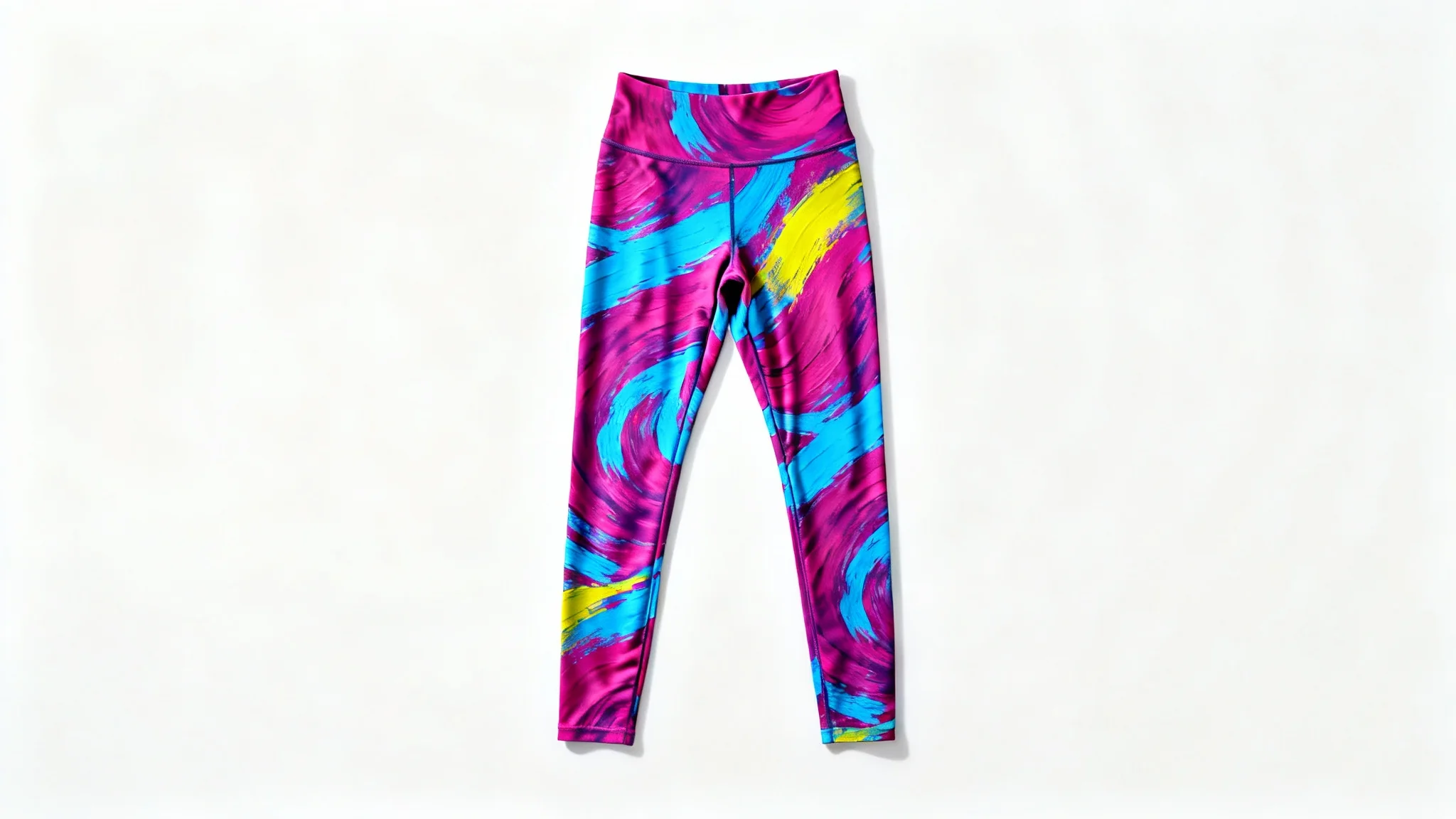 A flat lay product shot of a pair of high-waisted women's leggings with a vibrant abstract pattern in magenta, blue, and yellow, set against a clean white background.