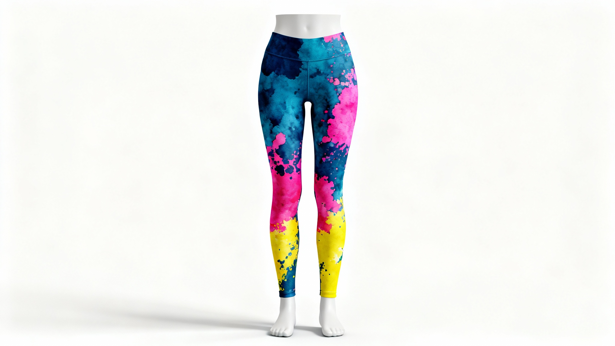 A pair of athletic leggings with a vibrant blue, pink, and yellow watercolor design, showcased on an invisible mannequin against a plain white background.