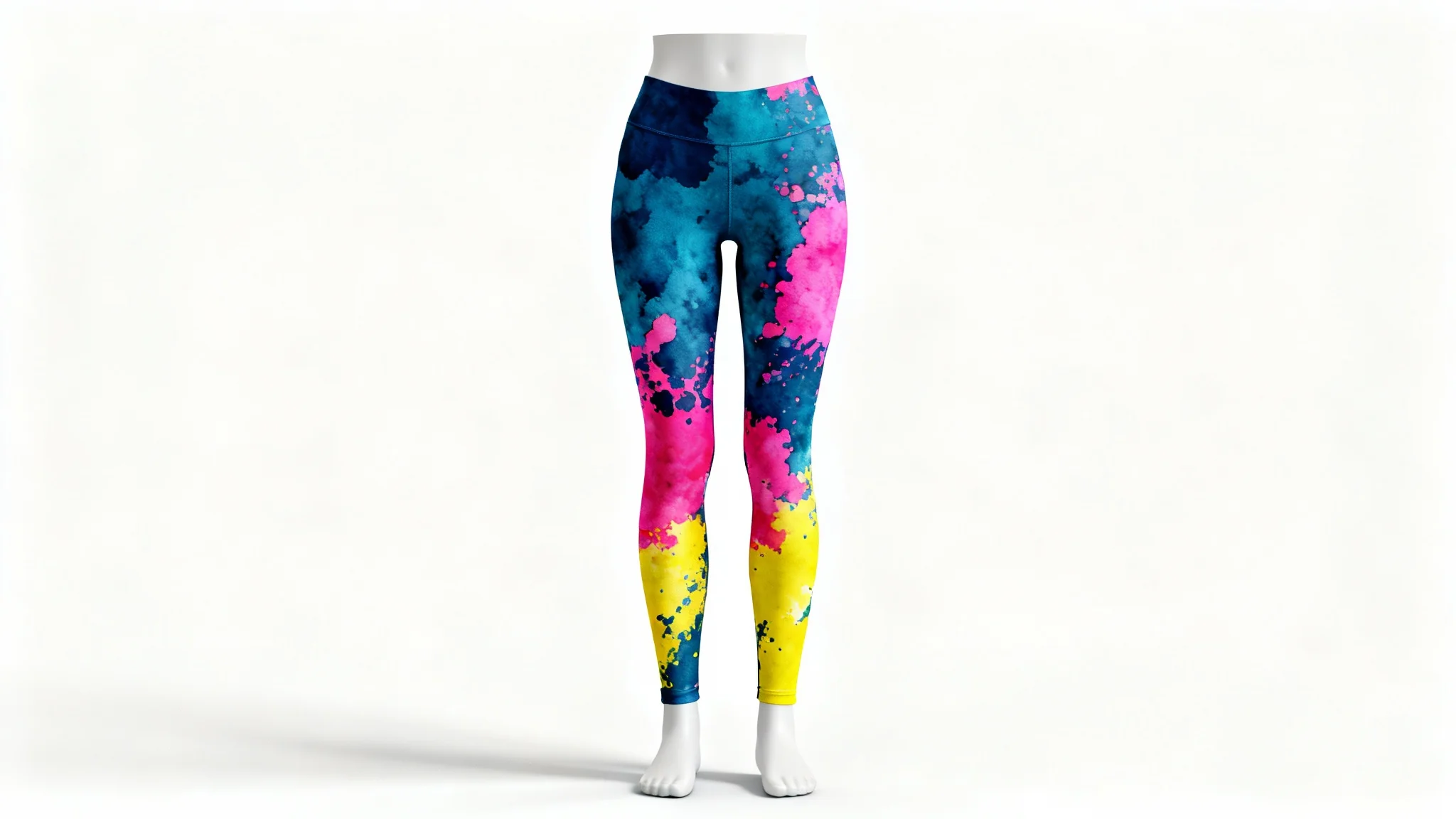 A pair of athletic leggings with a vibrant blue, pink, and yellow watercolor design, showcased on an invisible mannequin against a plain white background.