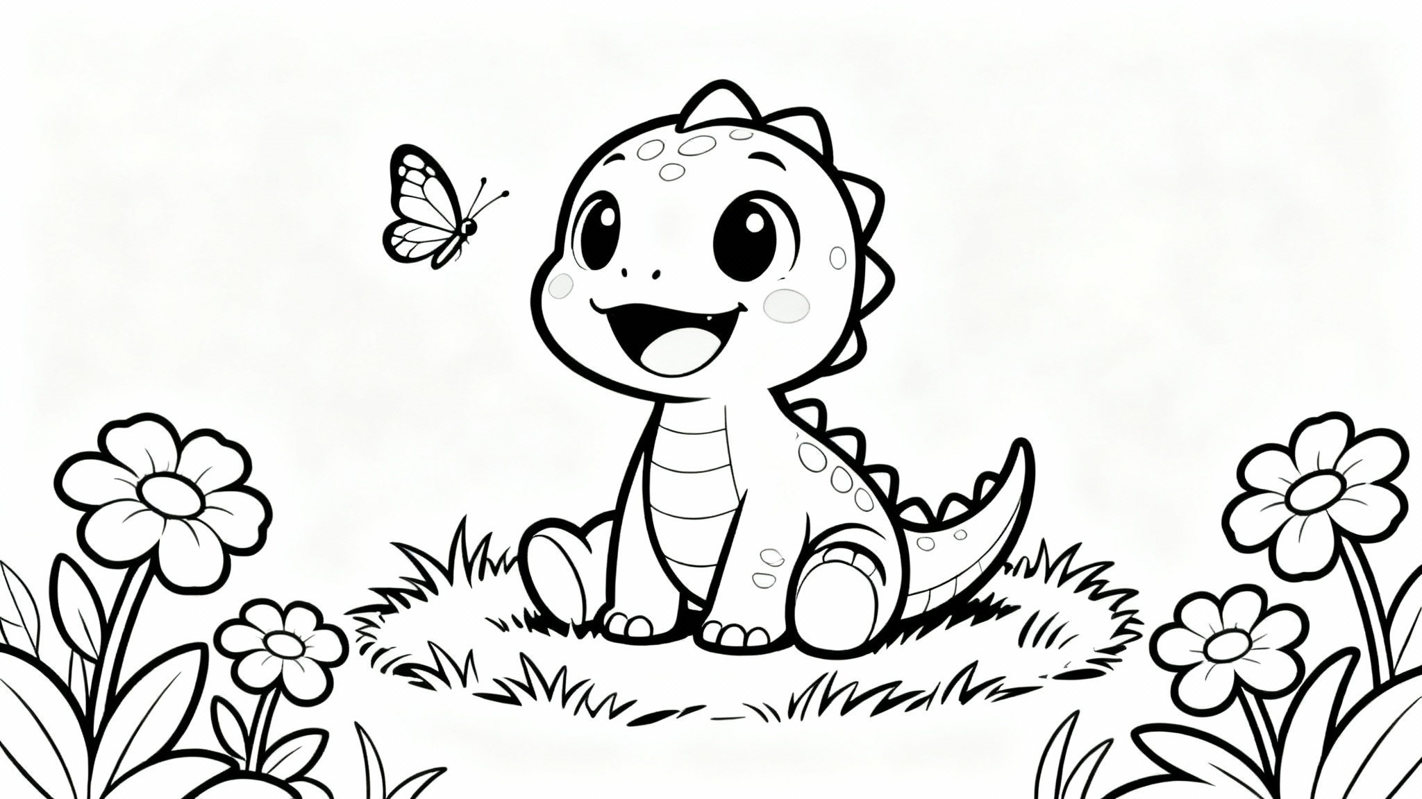 A black and white line art coloring page of a cute cartoon dinosaur sitting in a field of flowers, ready to be colored in.