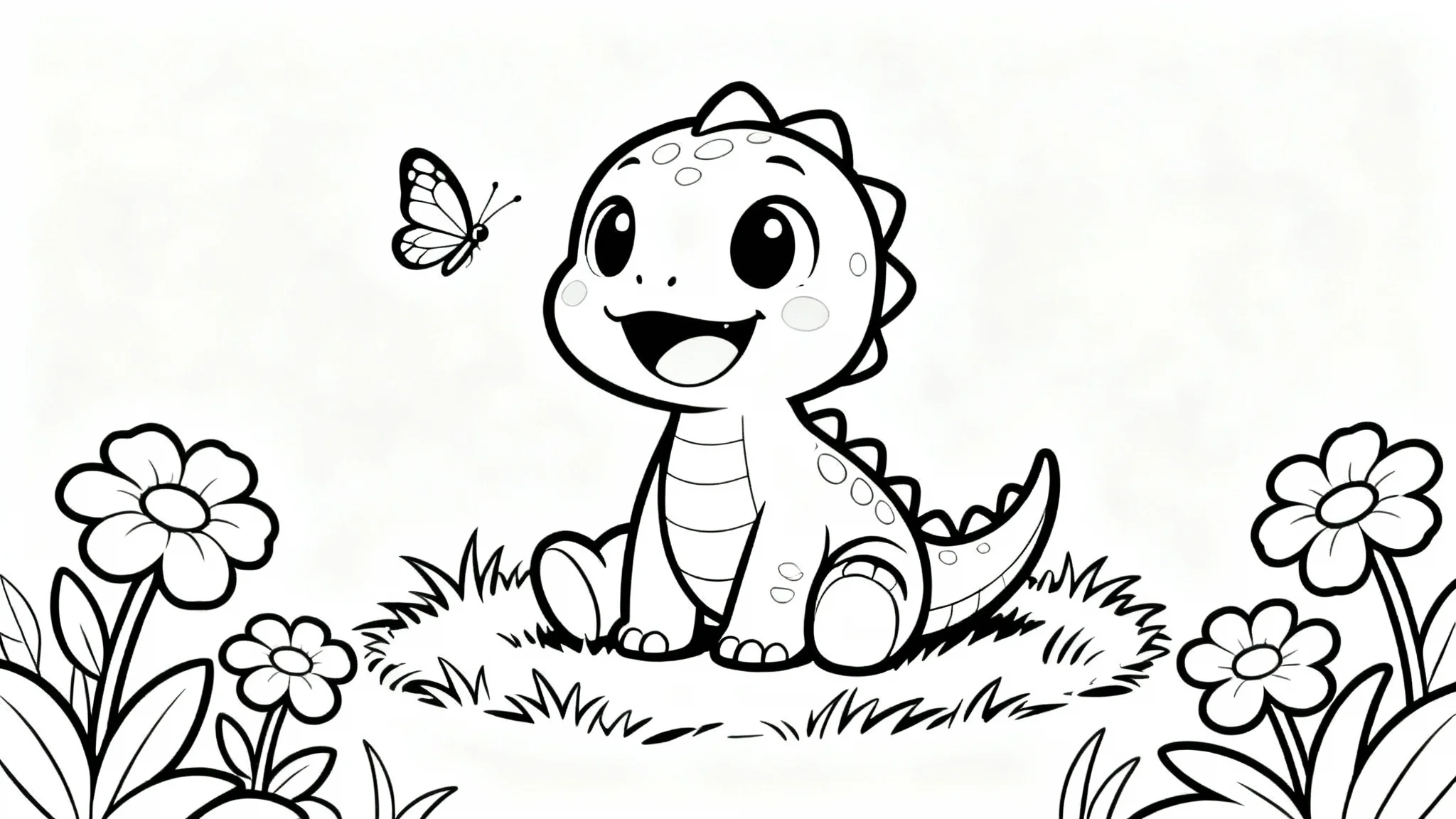 A black and white line art coloring page of a cute cartoon dinosaur sitting in a field of flowers, ready to be colored in.