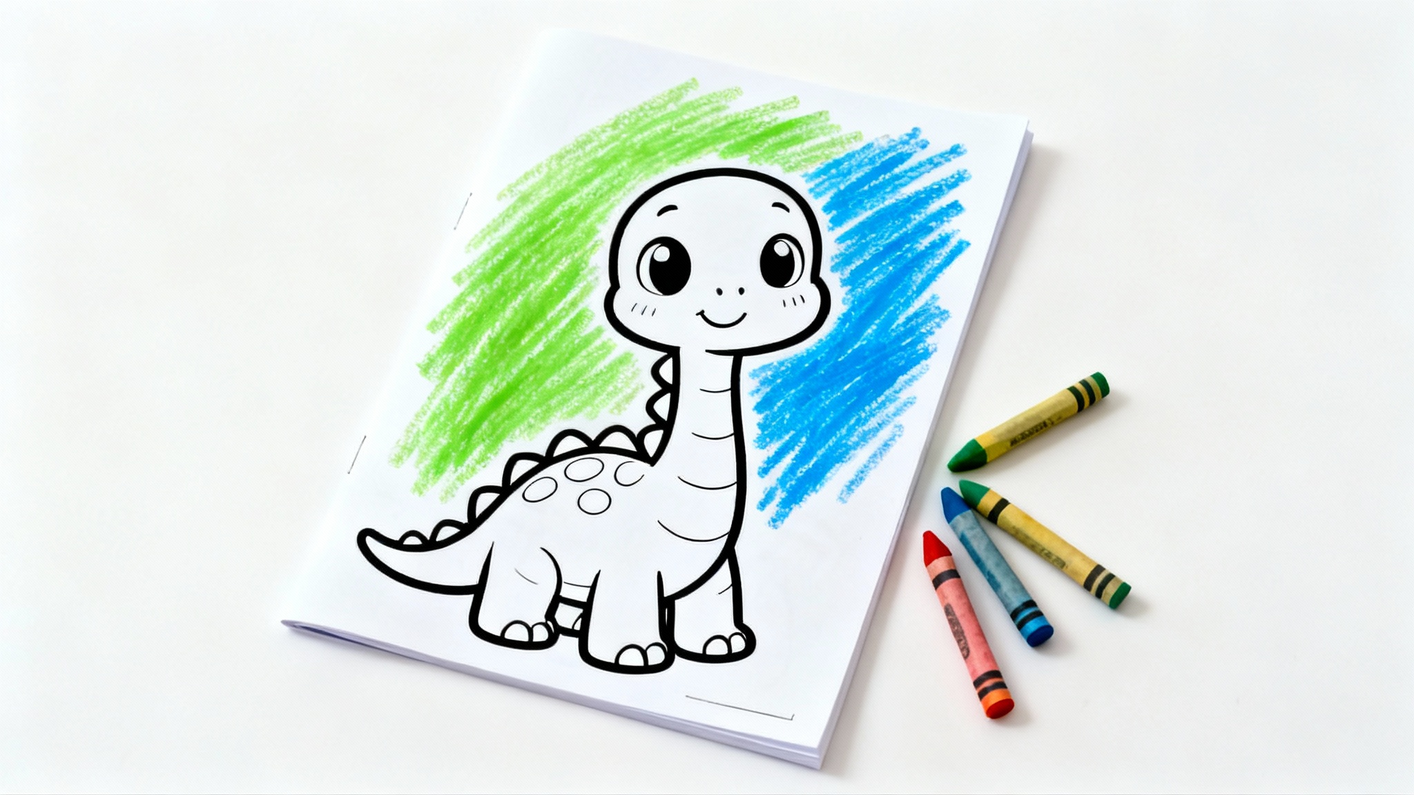 A partially colored-in coloring page of a cute baby dinosaur, with crayons lying next to it on a white surface.