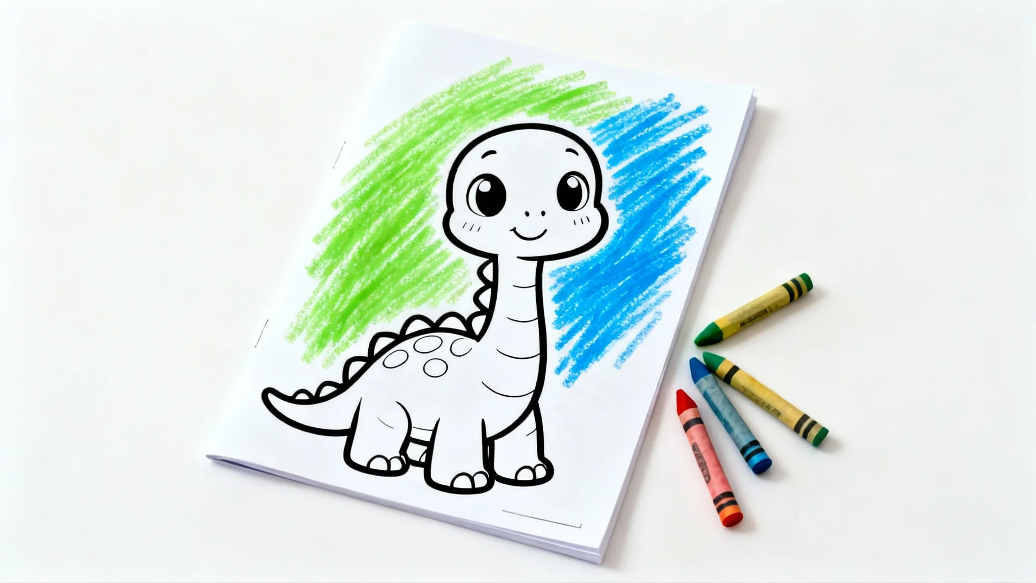 A partially colored-in coloring page of a cute baby dinosaur, with crayons lying next to it on a white surface.