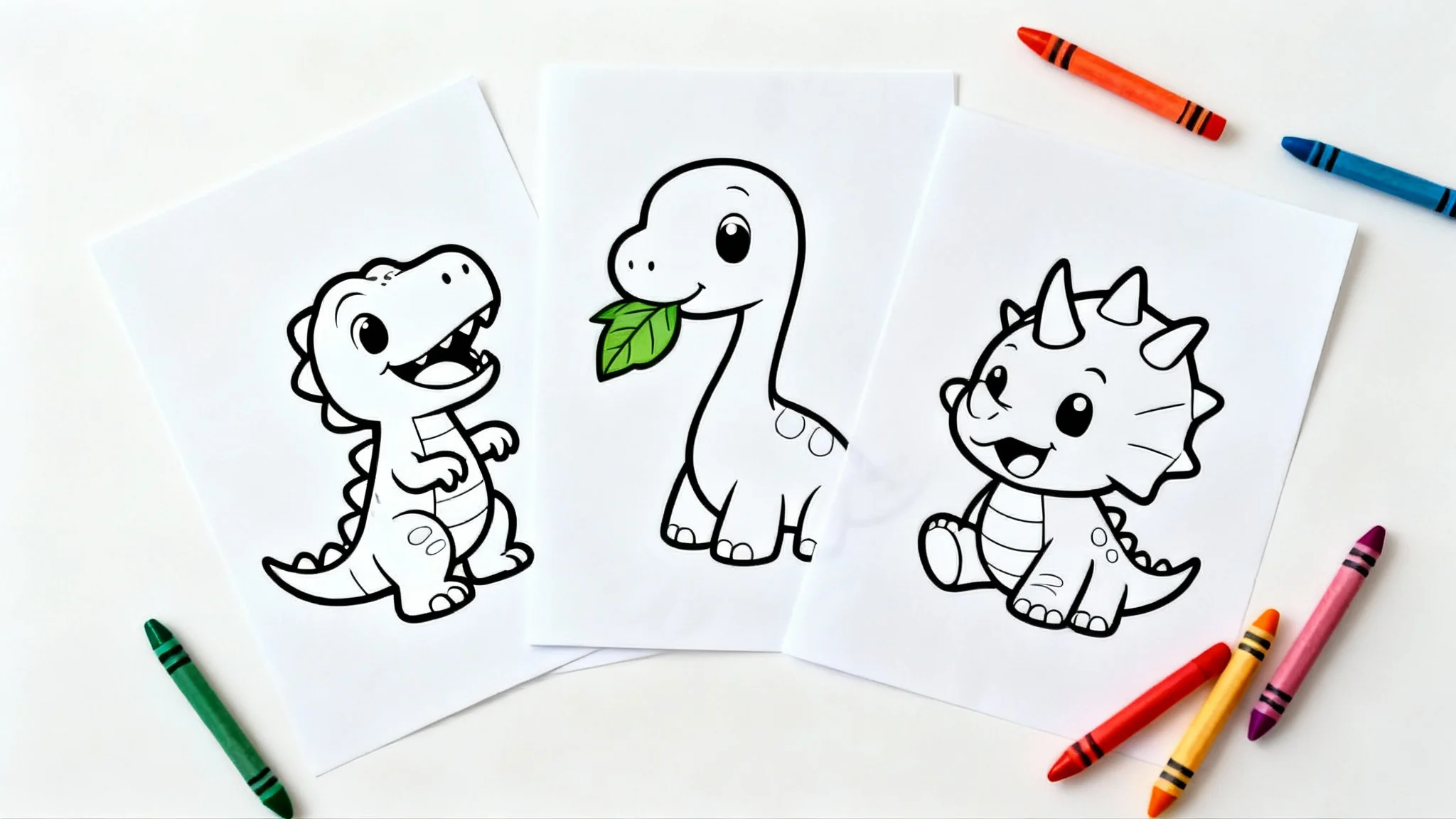 A flat lay mockup of three cute dinosaur coloring pages featuring a T-Rex, Brontosaurus, and Triceratops, shown with bold black outlines on a white background with crayons nearby.
