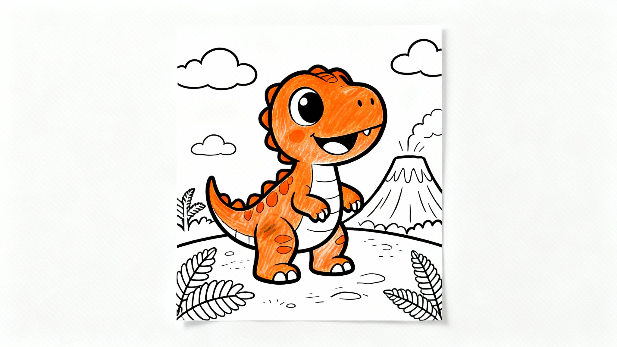 A children's coloring page featuring a cute baby T-Rex partially colored in with orange crayon, set against a simple prehistoric line-art background.