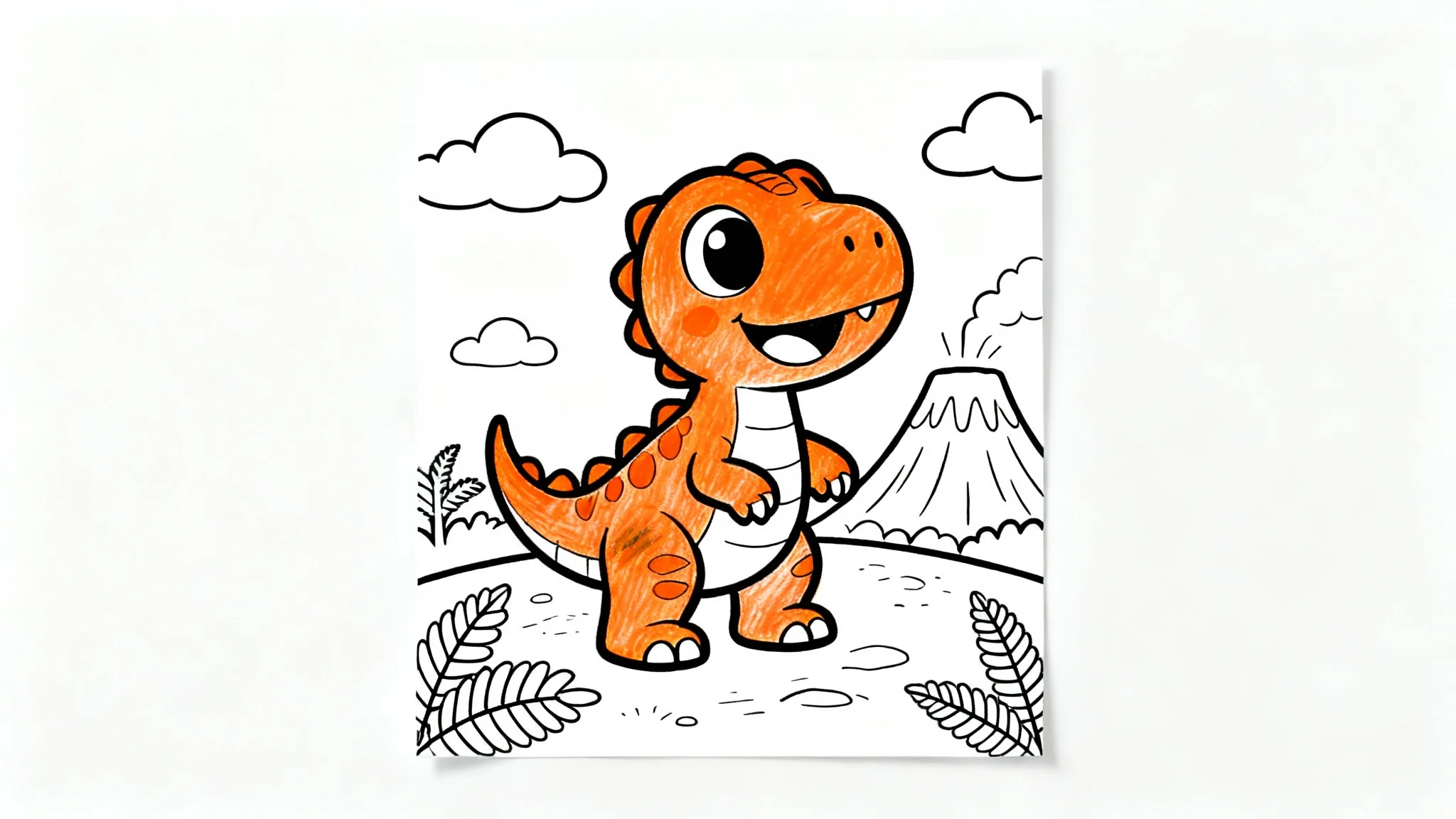 A children's coloring page featuring a cute baby T-Rex partially colored in with orange crayon, set against a simple prehistoric line-art background.