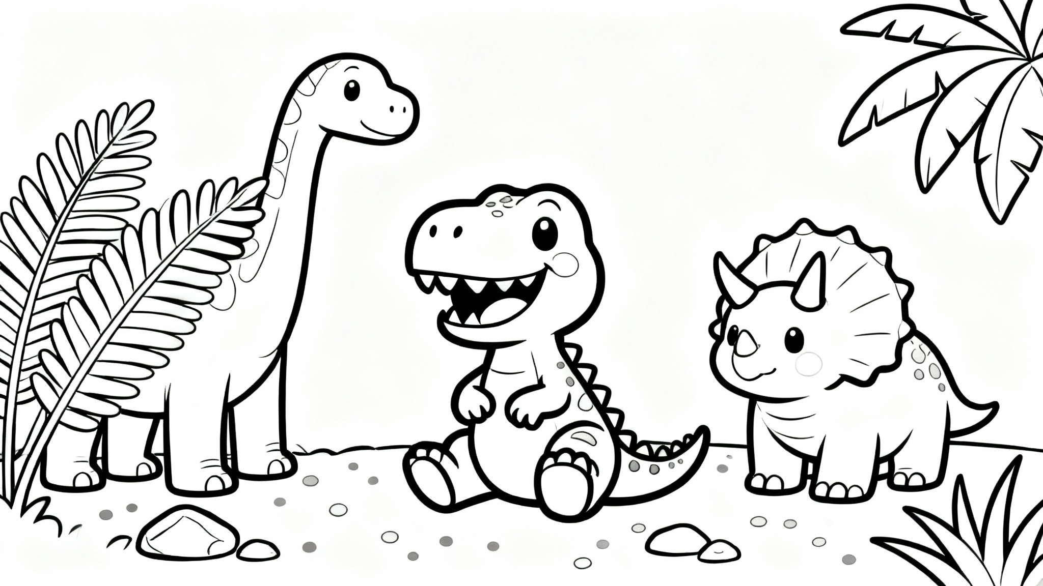 A black and white line art illustration of a children's coloring page featuring three cute cartoon dinosaurs, a T-Rex, a Brontosaurus, and a Triceratops in a simple prehistoric setting, on a plain white background.