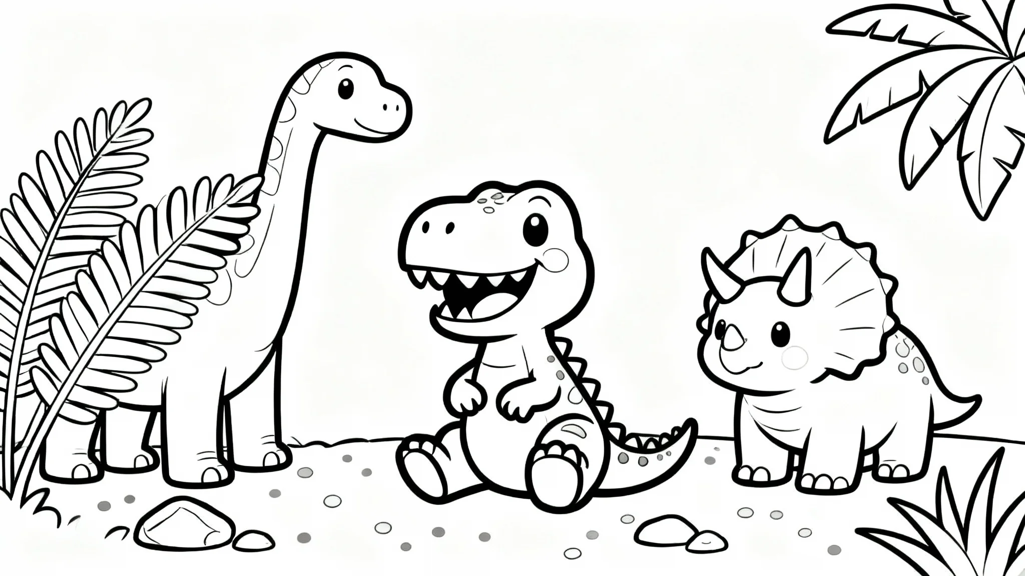 A black and white line art illustration of a children's coloring page featuring three cute cartoon dinosaurs, a T-Rex, a Brontosaurus, and a Triceratops in a simple prehistoric setting, on a plain white background.