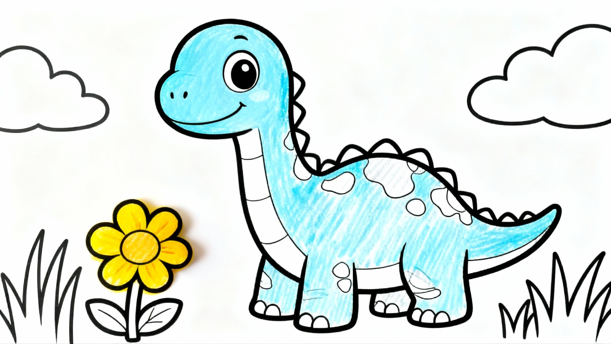 A cute coloring book page of a baby brachiosaurus, partially colored with blue crayon, set against a plain white background.