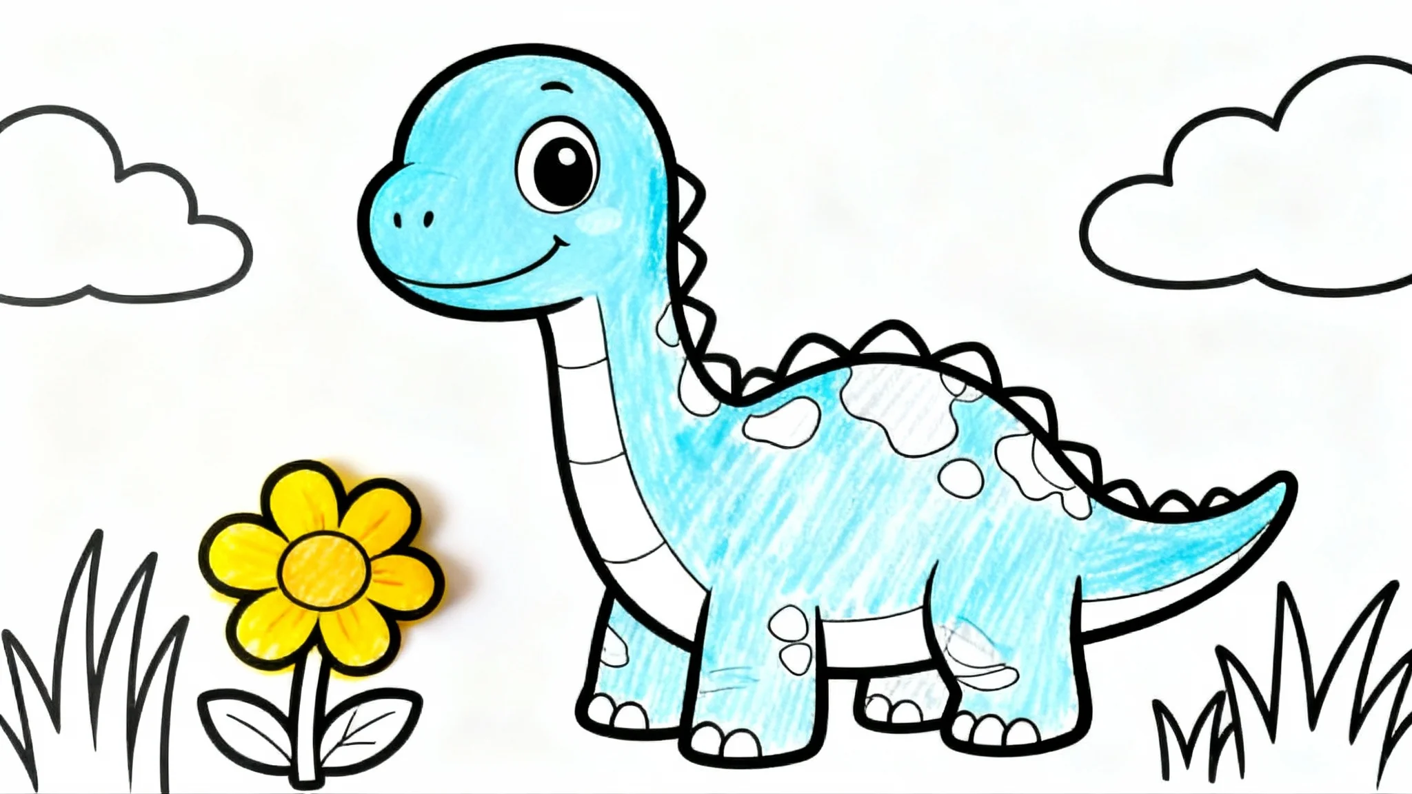 A cute coloring book page of a baby brachiosaurus, partially colored with blue crayon, set against a plain white background.
