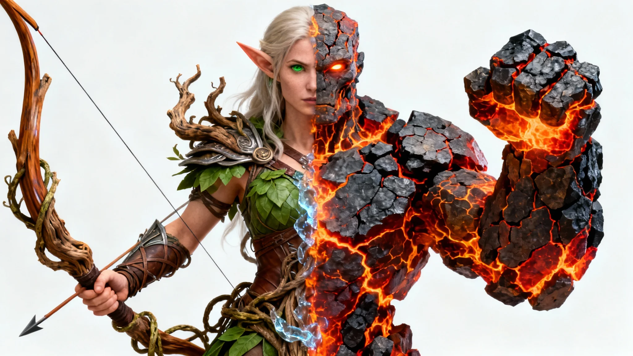 A photorealistic mockup of a character fusion, depicting a single being that is half mystical elf archer and half fiery lava golem, set against a clean white background.