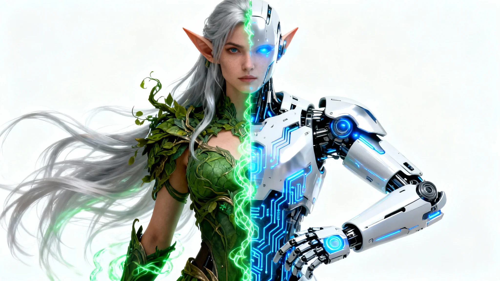 A photorealistic depiction of character fusion, showing a single character that is half fantasy elf and half sci-fi robot, set against a solid white background.
