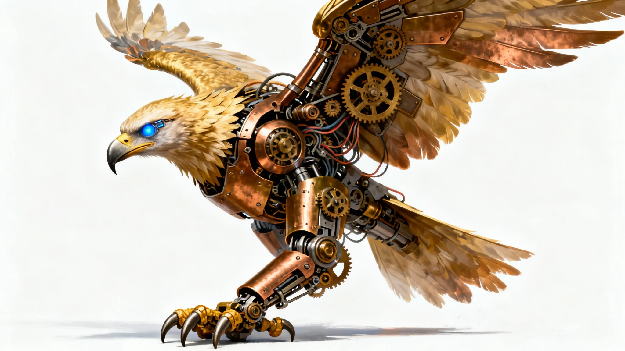 A digital painting of a fused character, a hybrid of a griffin and a steampunk robot, showcasing a blend of feathers and mechanical parts against a plain white background.
