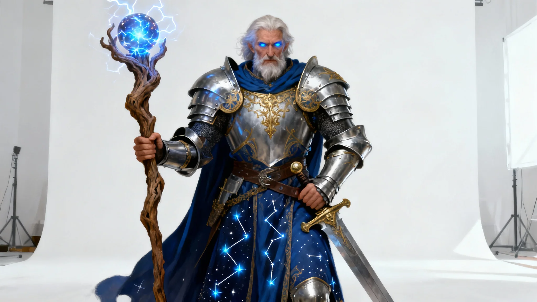 Concept art of a fantasy character that is a fusion of a knight and a wizard, wearing both armor and robes and holding a magical staff, against a white background.
