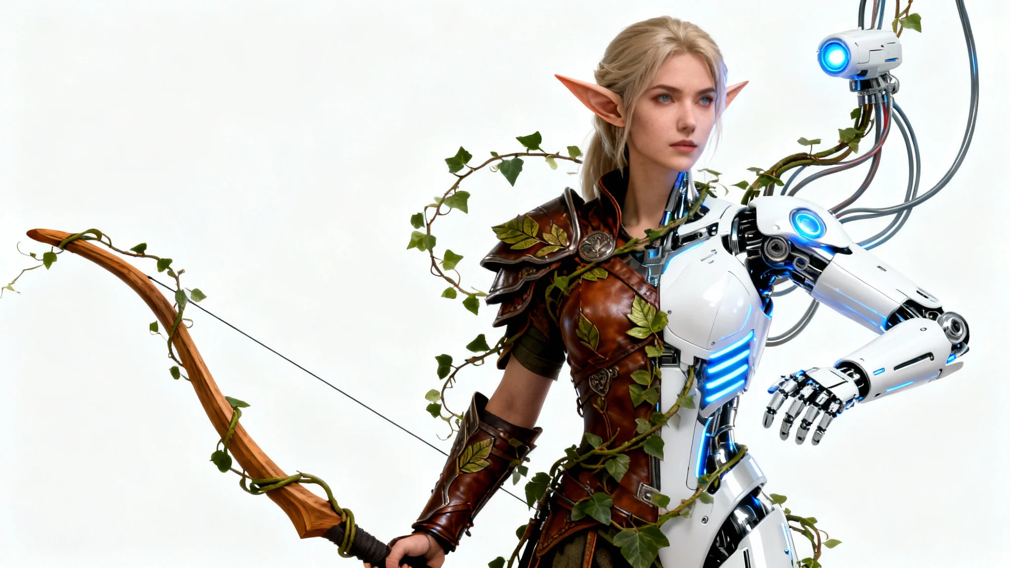 A photorealistic concept art of a character fusion, blending an elven archer with a futuristic cyborg against a clean white background.