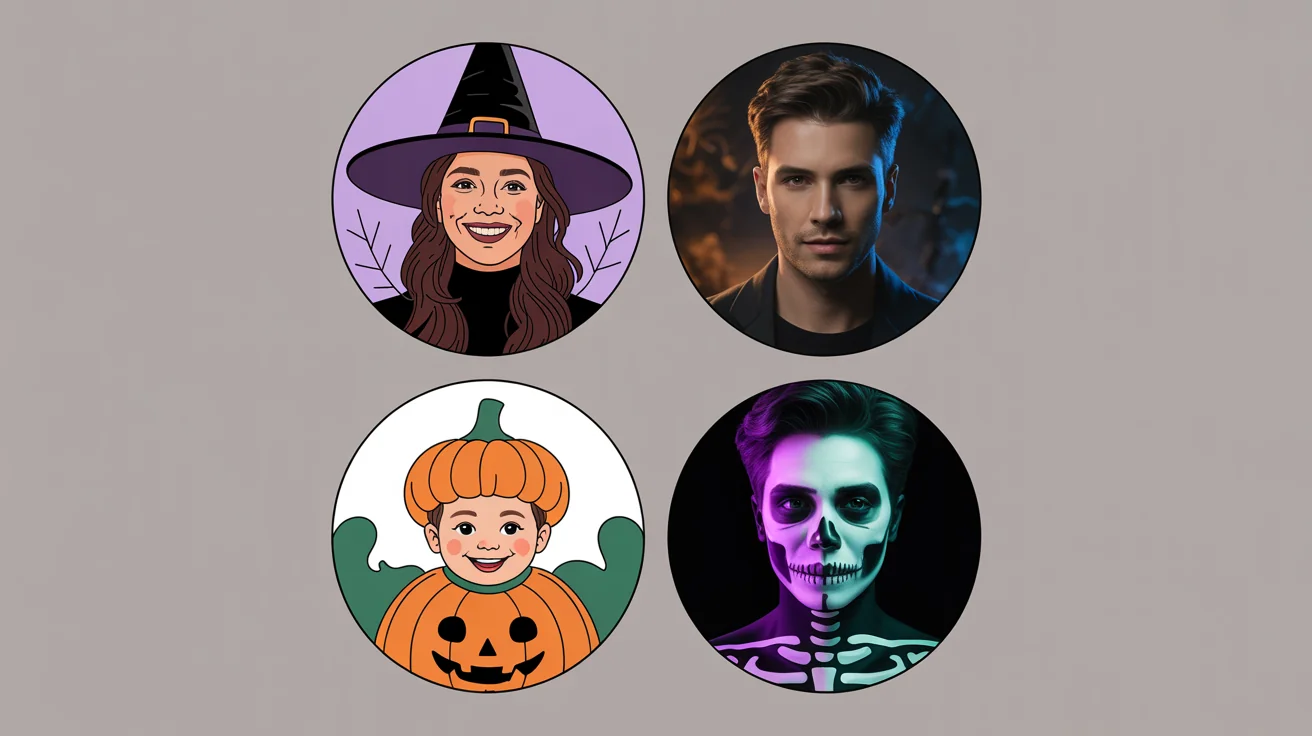 A showcase of four different Halloween profile pictures arranged in a grid. It includes a friendly witch, a modern vampire, a child in a pumpkin costume, and someone with neon skeleton face paint, demonstrating a design tool's capabilities.