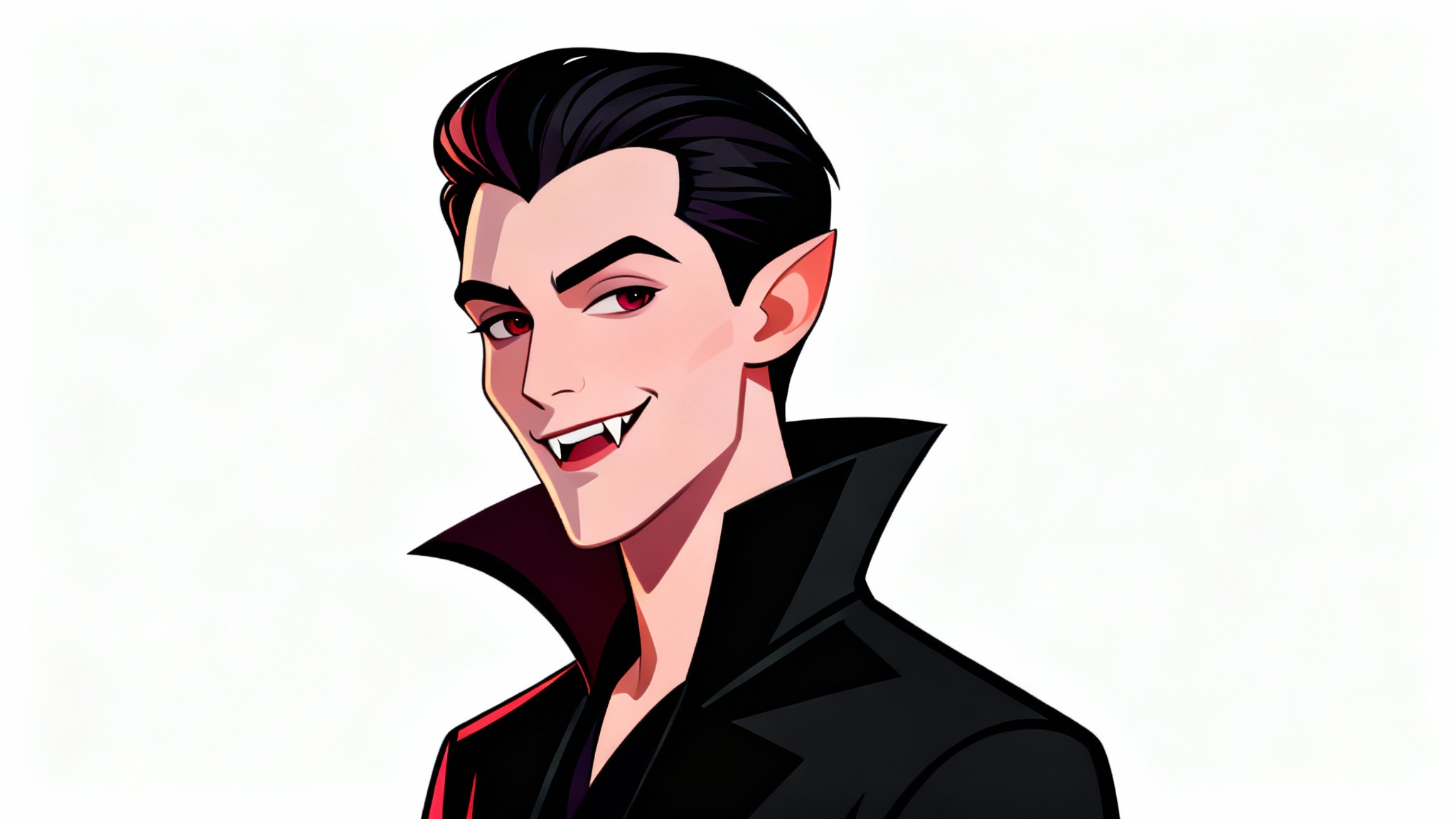 A stylized digital illustration of a handsome young vampire, smiling slightly, intended as a Halloween profile picture mockup against a white background.