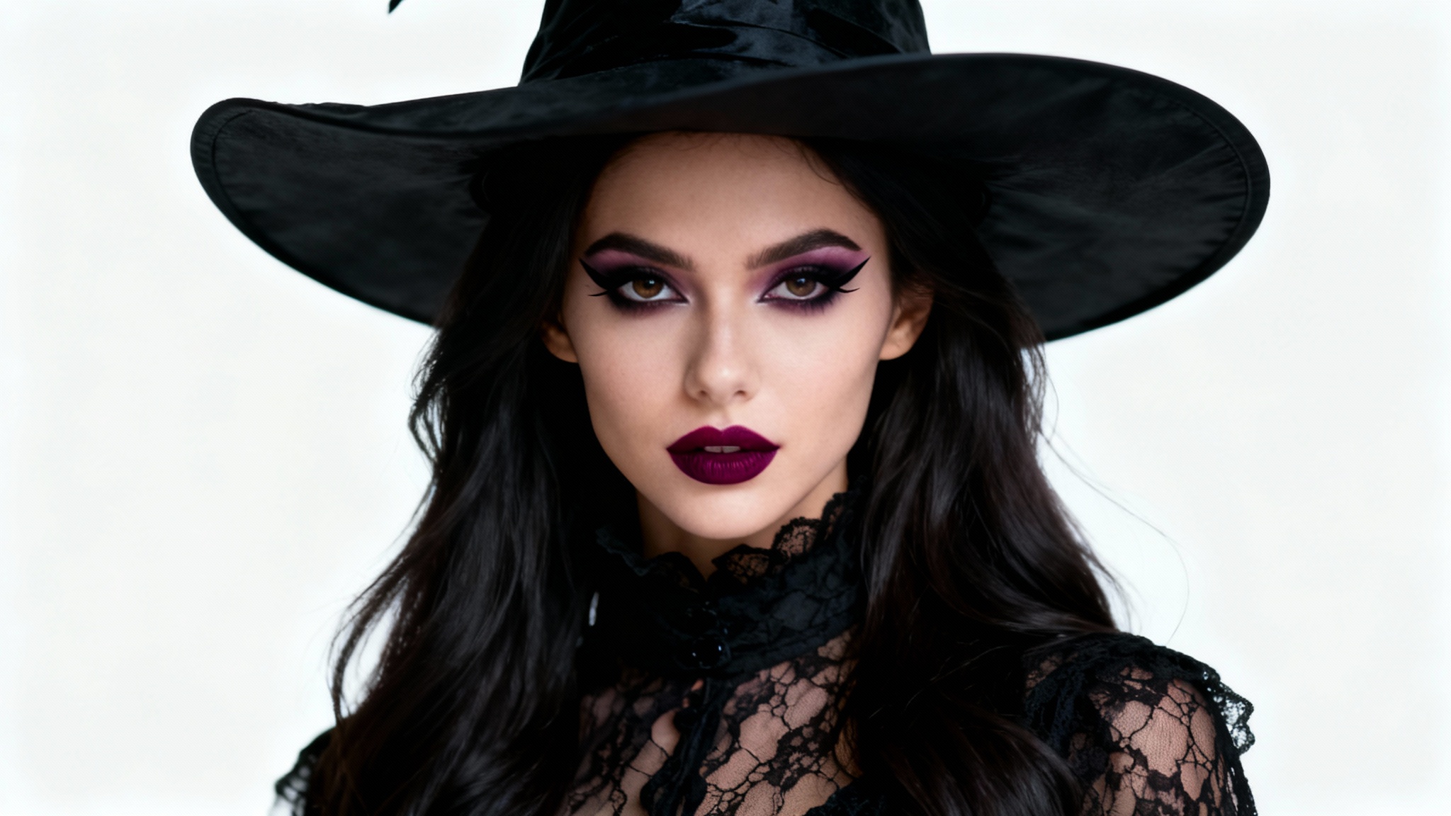 A photorealistic close-up portrait of a young woman dressed as a stylish witch for a Halloween profile picture, isolated against a plain white background.
