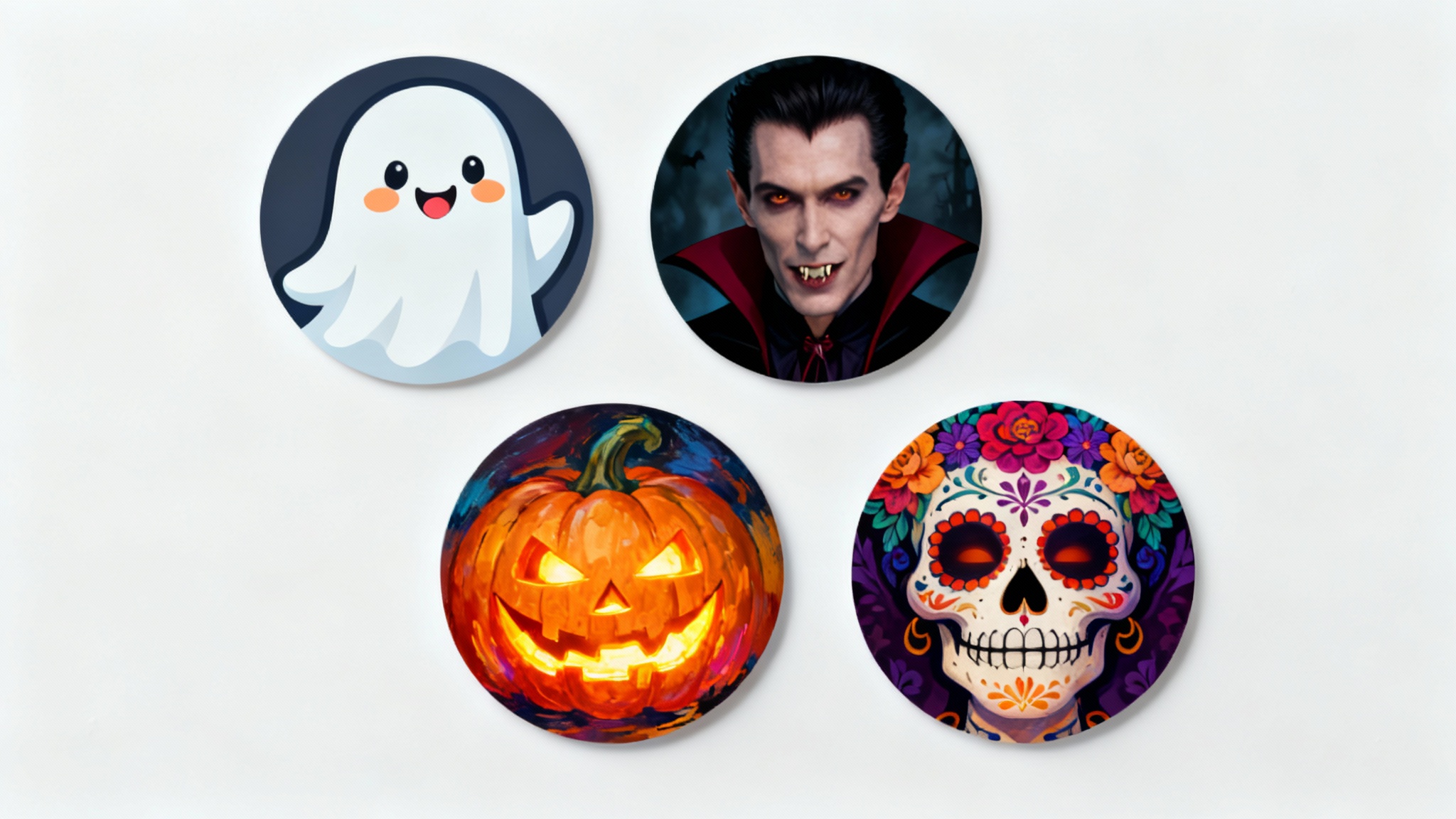 A mockup showcasing four different Halloween-themed profile picture examples on a white background: a cartoon ghost, a realistic vampire, a painterly jack-o'-lantern, and a colorful sugar skull.