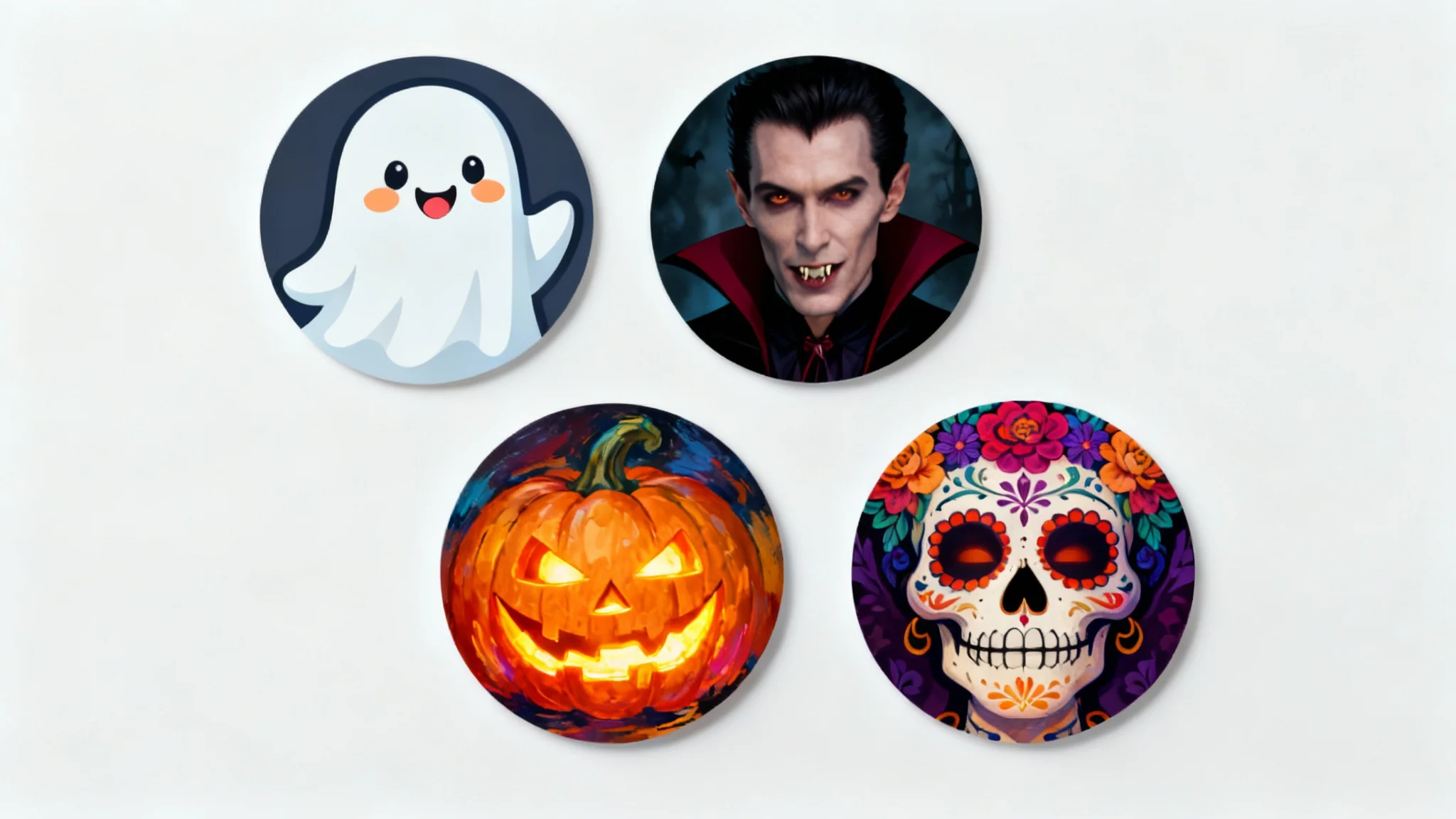 A mockup showcasing four different Halloween-themed profile picture examples on a white background: a cartoon ghost, a realistic vampire, a painterly jack-o'-lantern, and a colorful sugar skull.