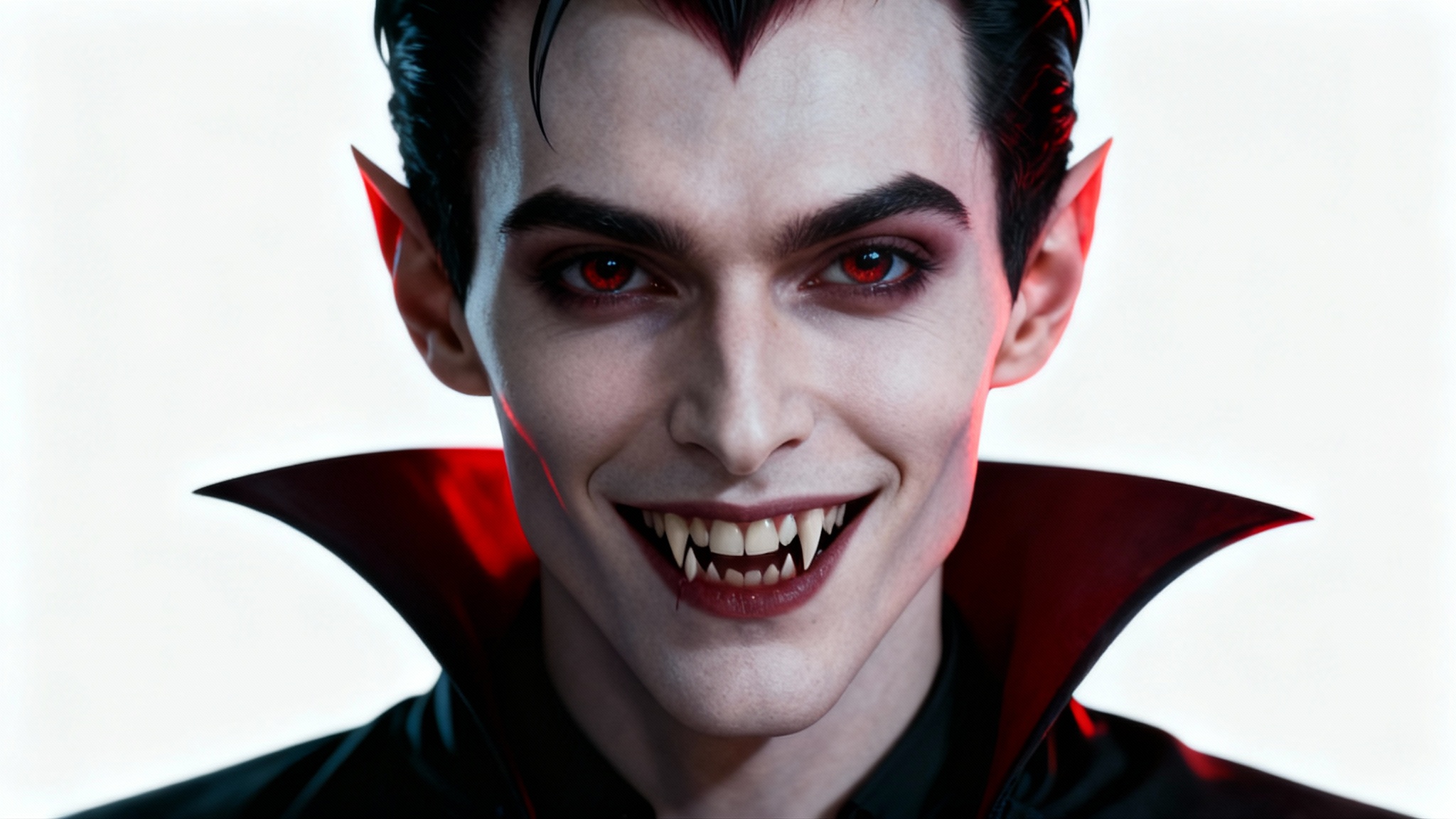 A stylized Halloween profile picture of a modern, friendly-looking vampire with subtle fangs, set against a clean white background.