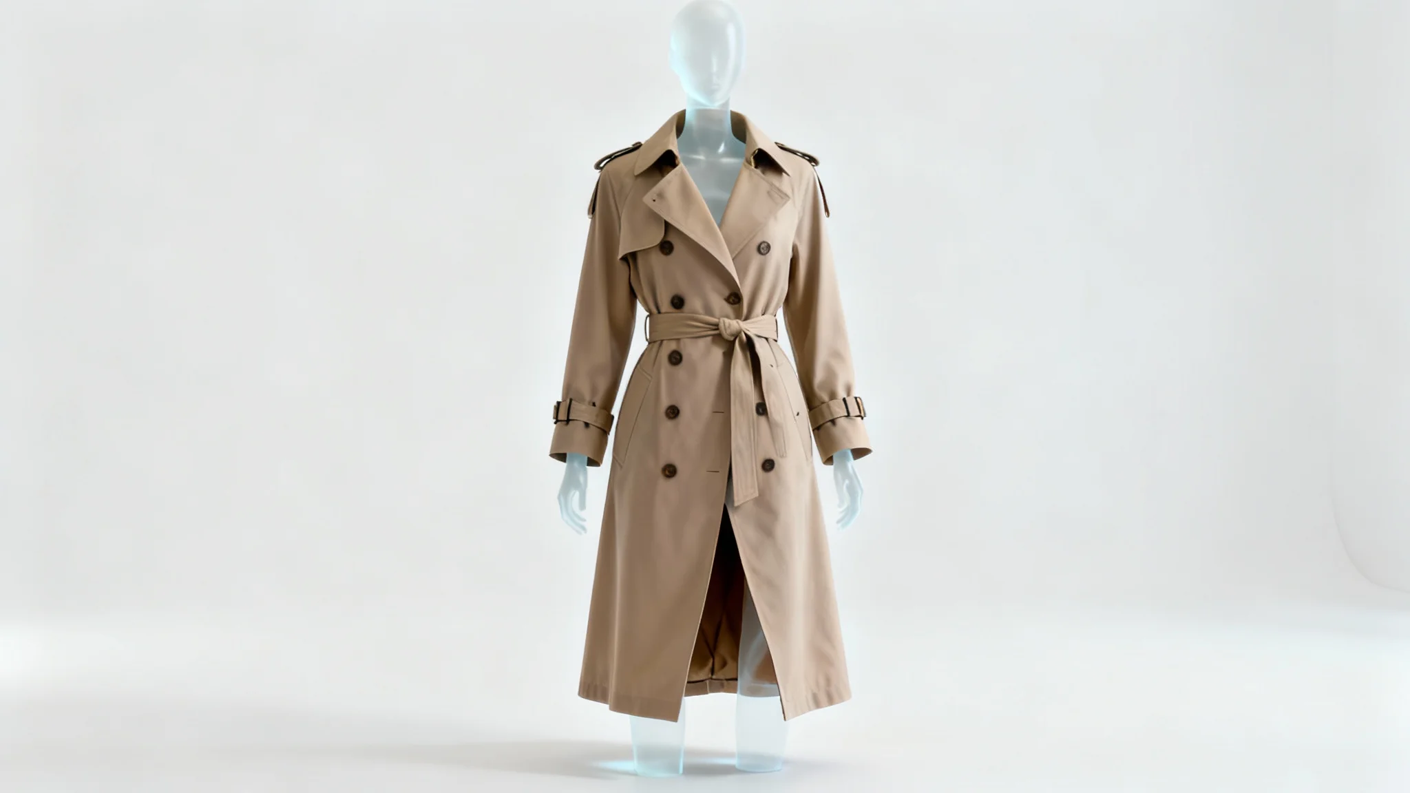 A beige trench coat professionally photographed on a ghost mannequin against a stark white background, showcasing the garment's fit and shape without a visible model.