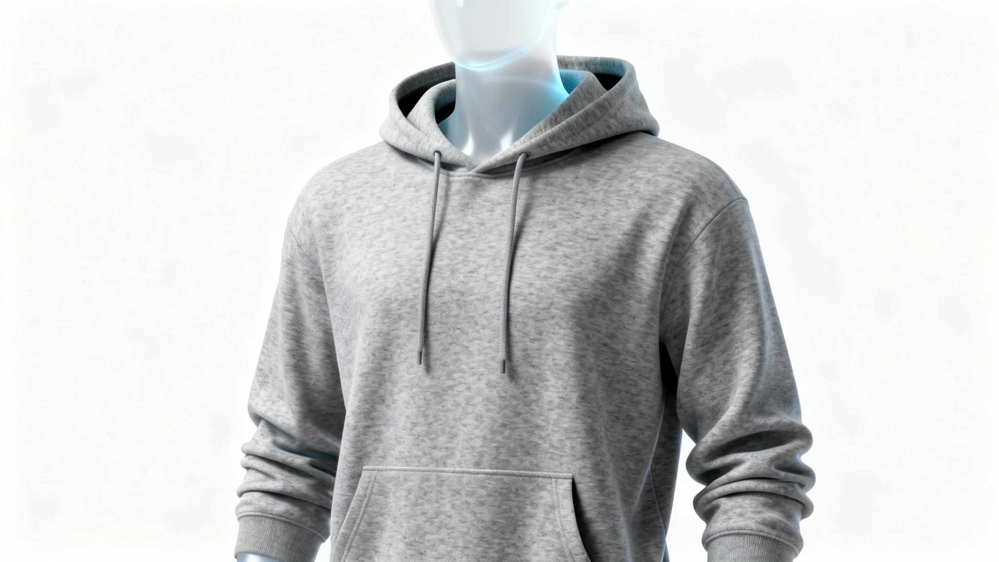 A professional product photo of a heather grey hoodie on a ghost mannequin, making it look like it's being worn by an invisible person against a clean white background.