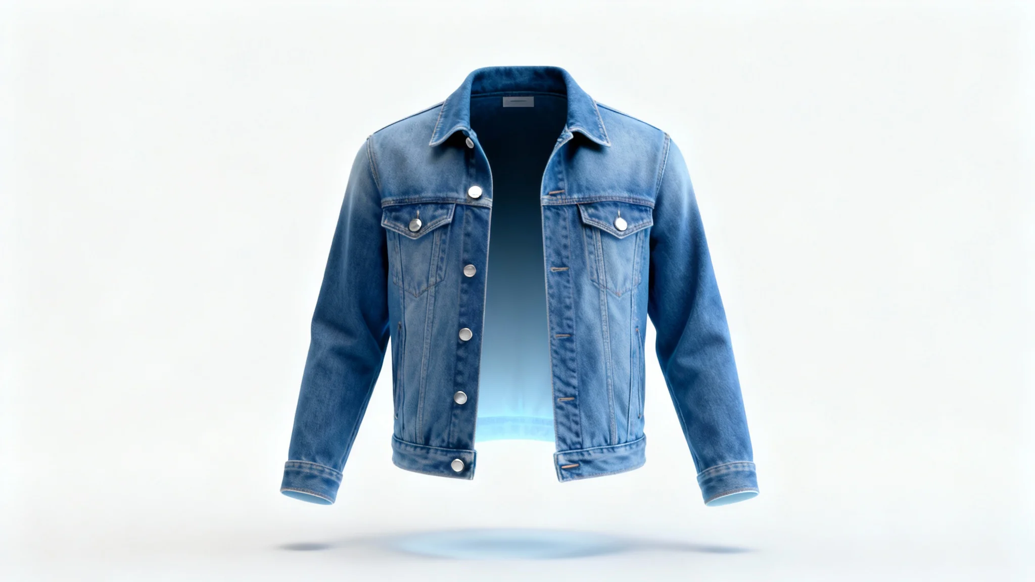 A blue denim jacket on a ghost mannequin, creating the illusion of it being worn by an invisible person against a stark white background. The photo is a professional product shot for e-commerce.