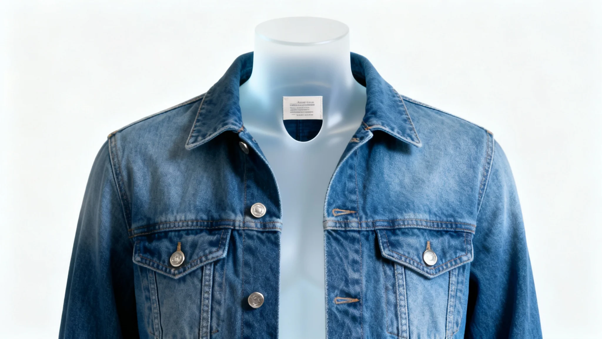 A blue denim jacket professionally photographed using the ghost mannequin technique, showing the garment's 3D shape as if worn by an invisible person, set against a stark white background.