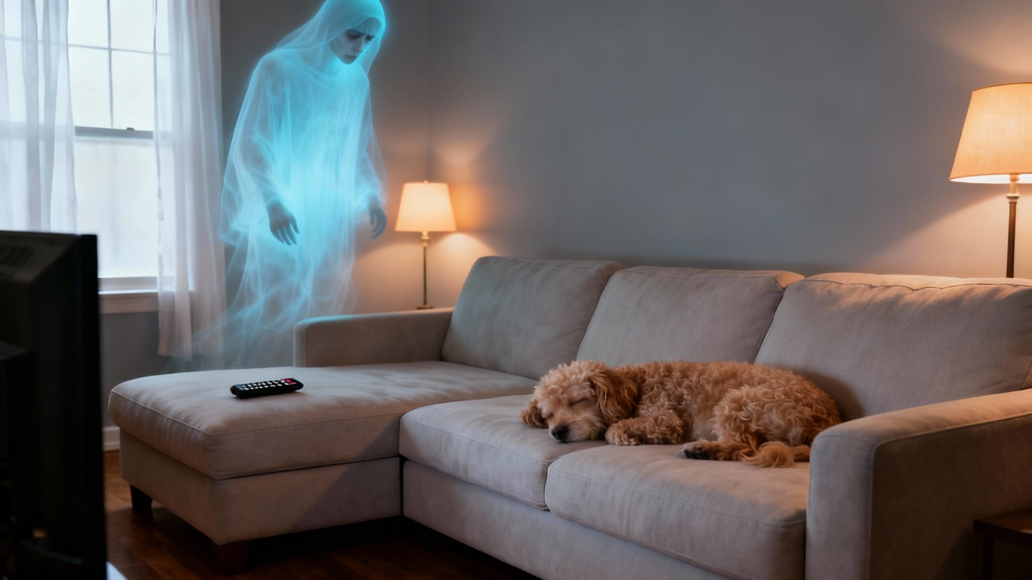 The final result of adding a ghost to a photo. A cozy living room with a dog sleeping on the couch, while a translucent, blue-glowing ghost hovers eerily in the corner.