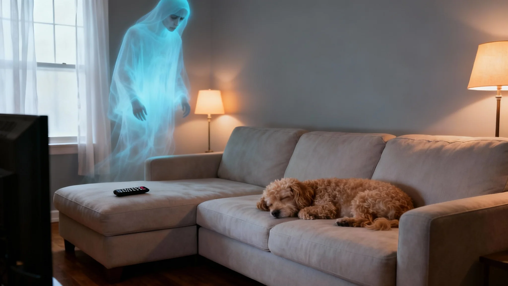 The final result of adding a ghost to a photo. A cozy living room with a dog sleeping on the couch, while a translucent, blue-glowing ghost hovers eerily in the corner.