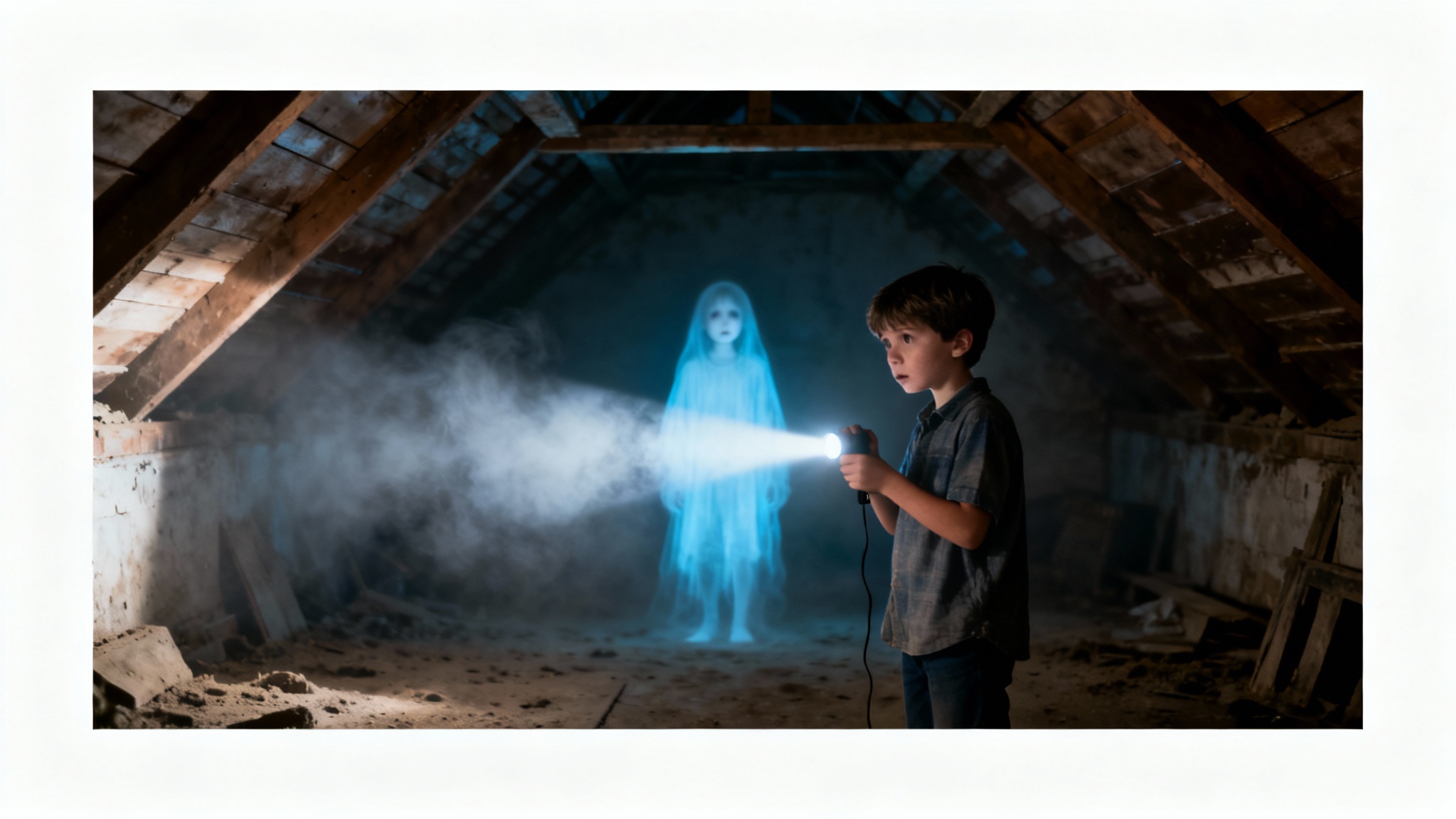 A mockup of a photograph showing a boy in a dark attic, with a semi-transparent, glowing ghost figure subtly added behind him.