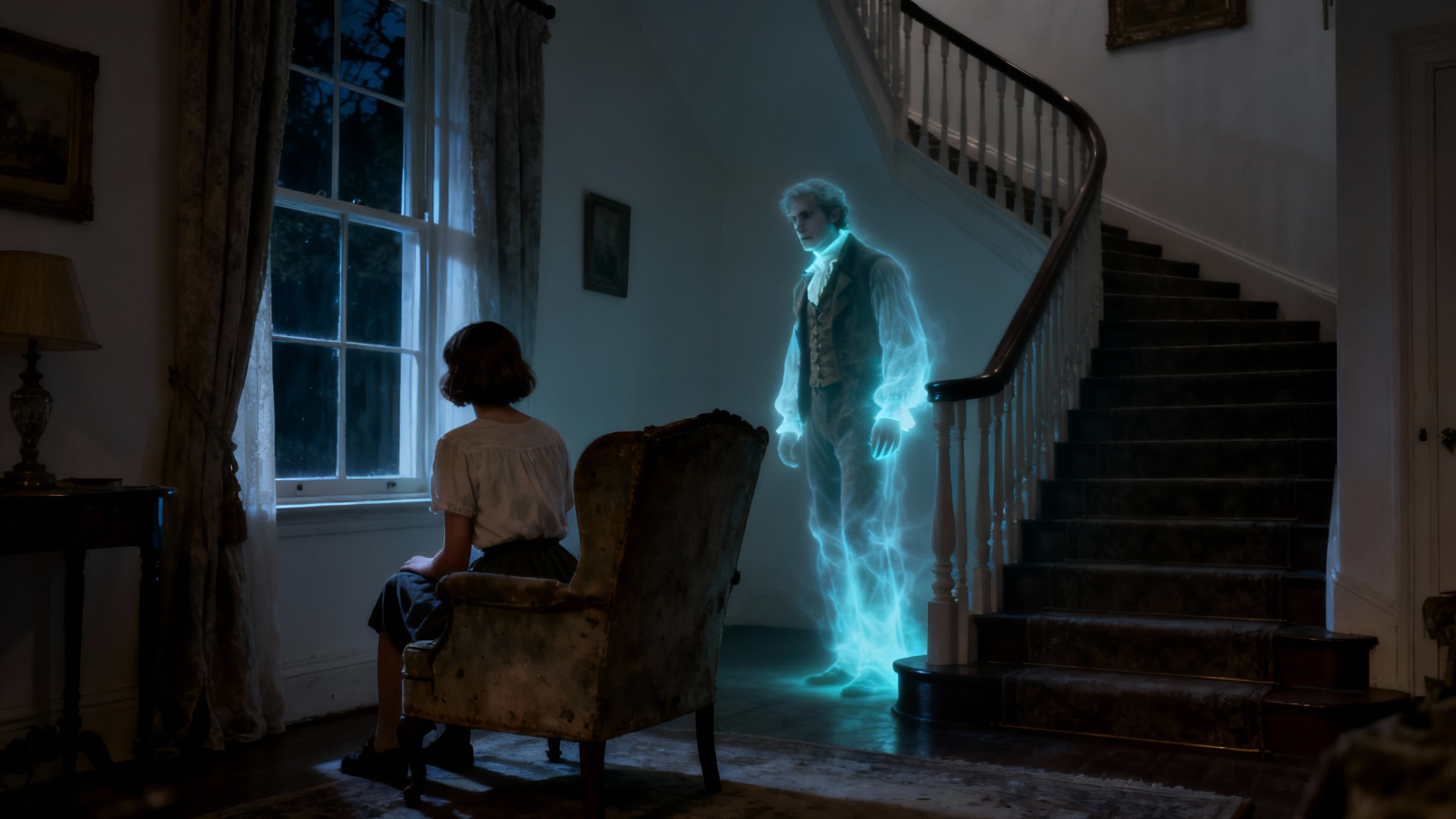 A realistic photo of a woman in a dimly lit room, with the faint, translucent figure of a ghost standing on the staircase in the background, creating a spooky effect.