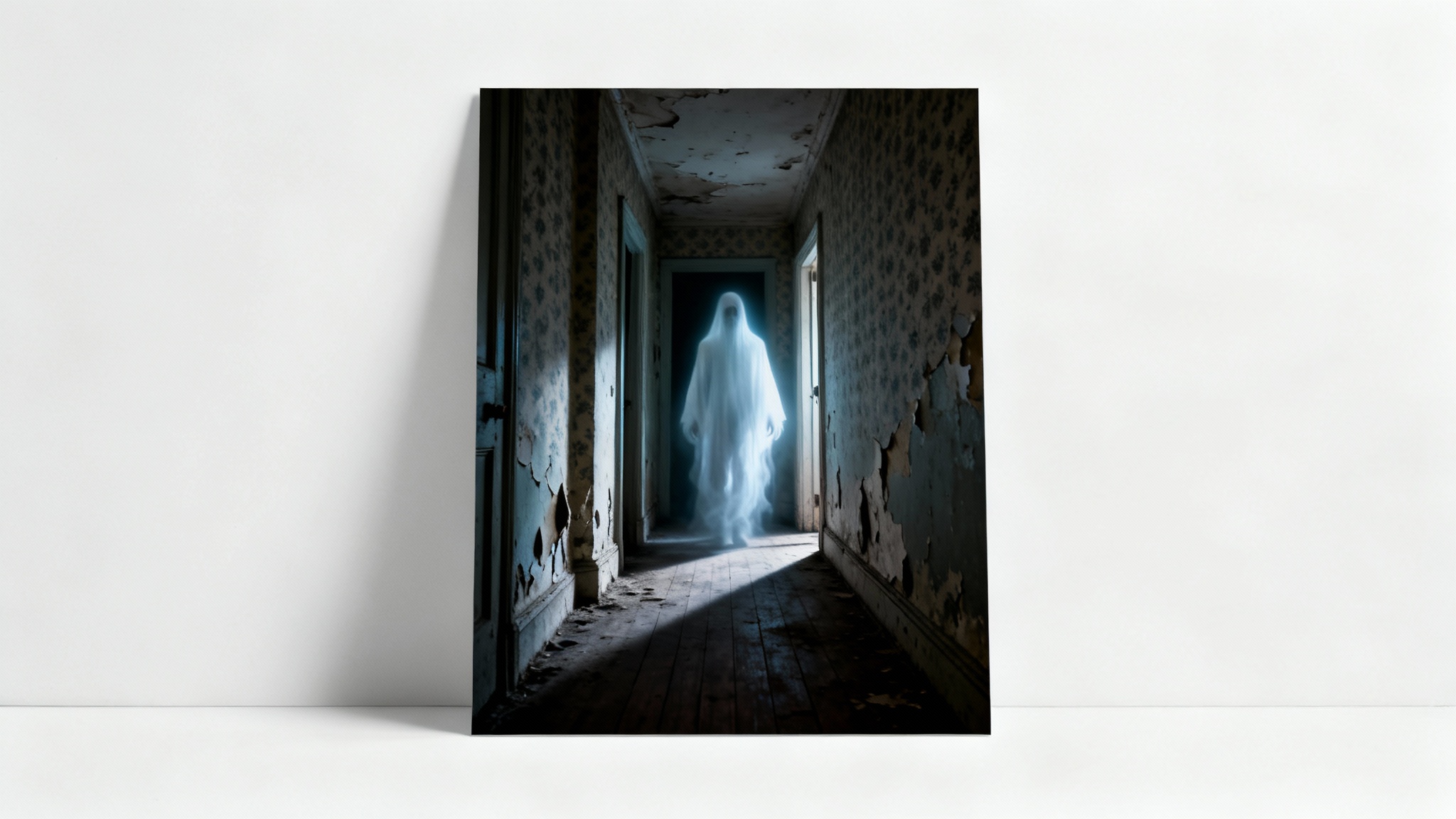 A mockup of a photograph showing a dimly lit, old hallway with a semi-transparent, glowing ghost figure at the end, set against a plain white background.