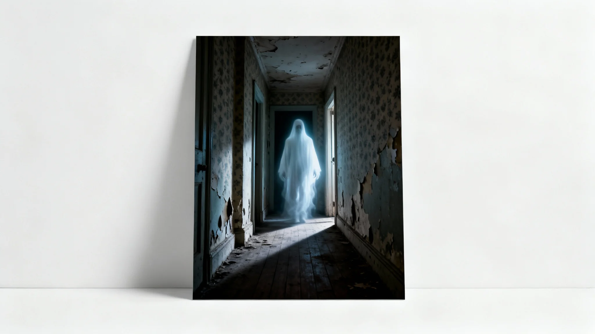 A mockup of a photograph showing a dimly lit, old hallway with a semi-transparent, glowing ghost figure at the end, set against a plain white background.