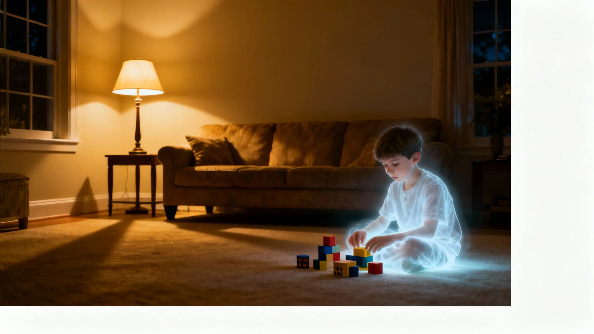 A photorealistic image mockup showing a dimly lit living room with a semi-transparent, ghostly figure of a young boy playing on the floor, demonstrating a photo editing effect.