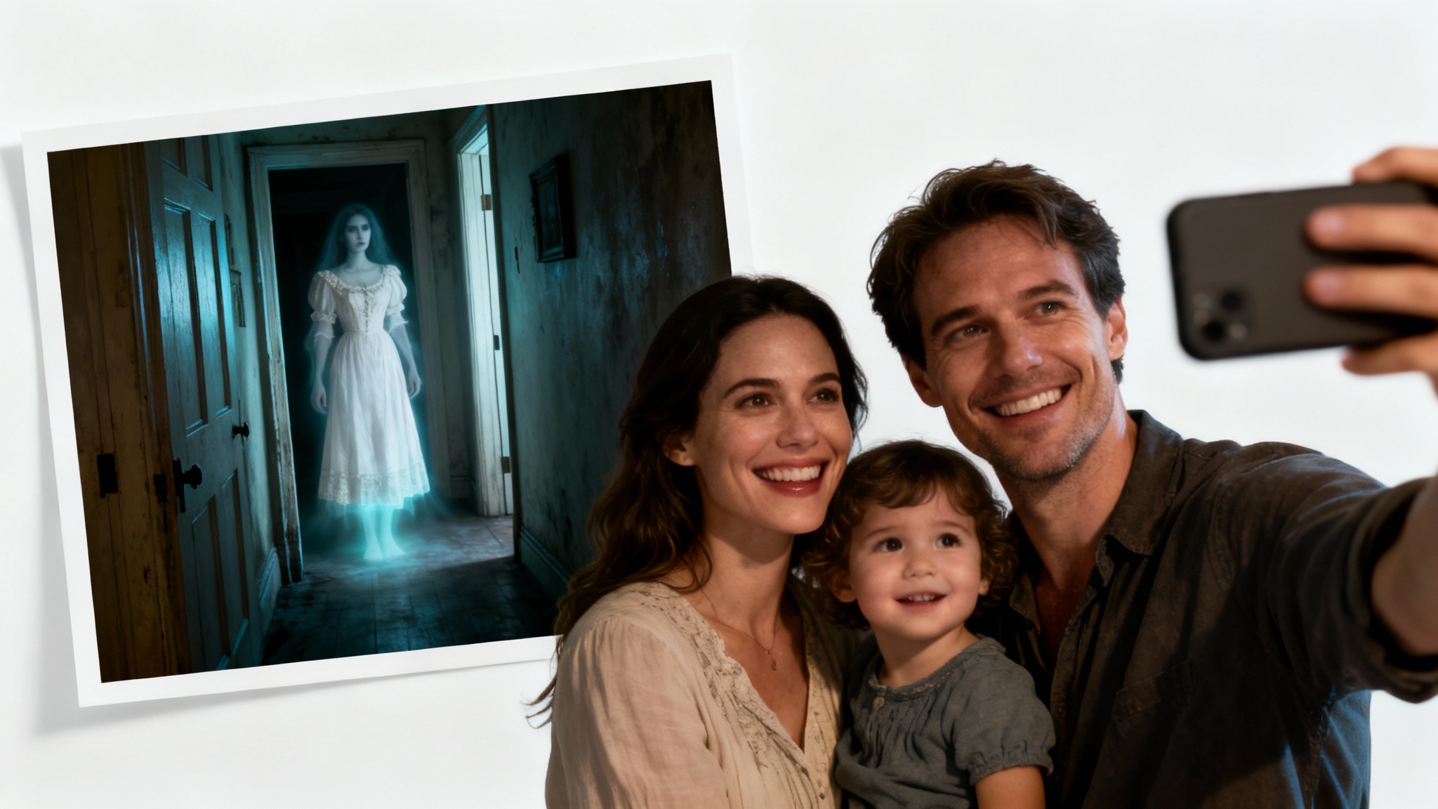 A photograph of a happy family taking a selfie in a hallway, with a semi-transparent ghost of a woman added into the background to create a spooky effect.
