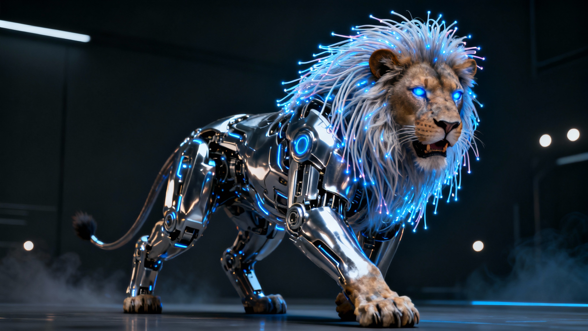 An eye-catching hero image of a powerful cybernetic lion, a 'cyber beast,' featuring glowing fiber optic cables as a mane and a polished chrome body, set against a dark futuristic background.