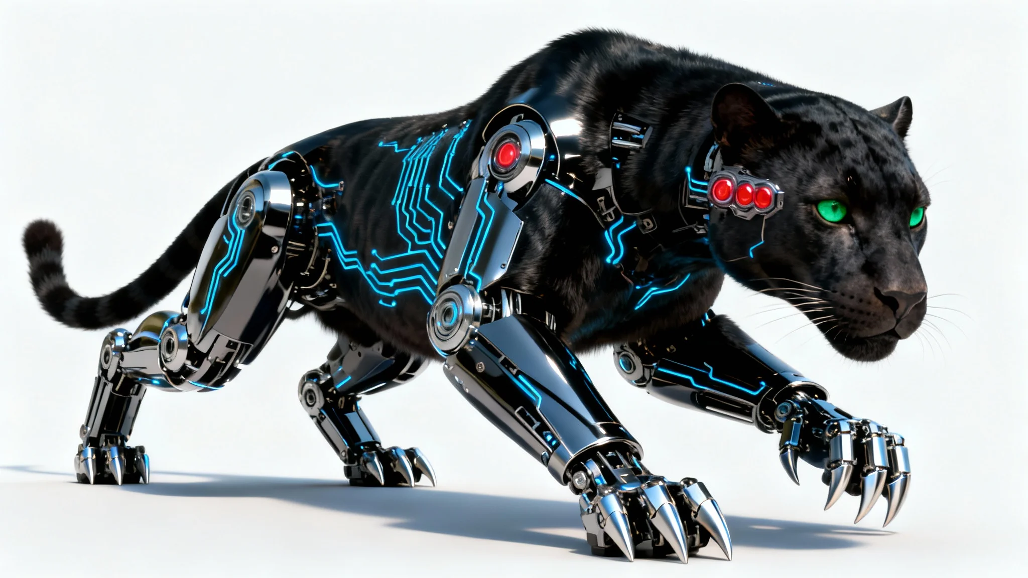 A hyperrealistic digital artwork of a cybernetic panther against a white background. The creature is a mix of black fur and polished dark chrome, with glowing blue circuits, a natural green eye, and a red robotic eye.