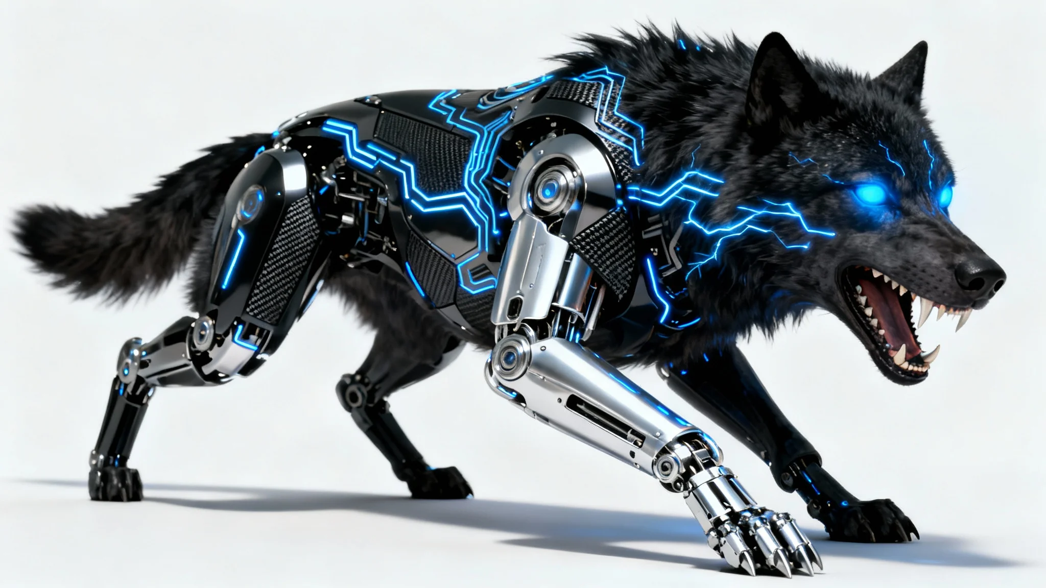 A futuristic cybernetic wolf with glowing blue eyes and metallic plating, set against a stark white background.