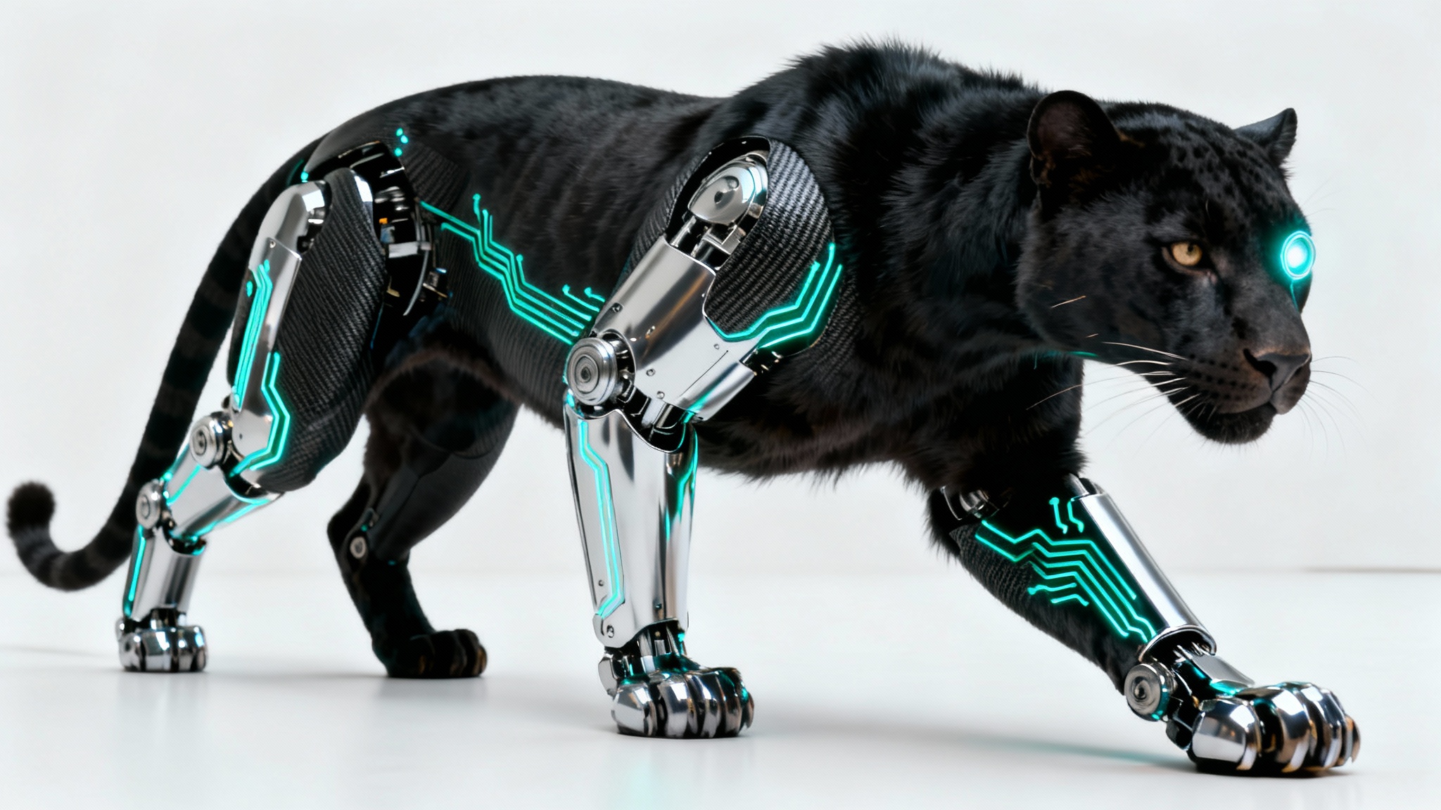 A photorealistic cybernetic panther stalks forward against a plain white background. Its sleek black body is enhanced with chrome robotic legs and glowing teal circuits, blending nature with advanced technology.