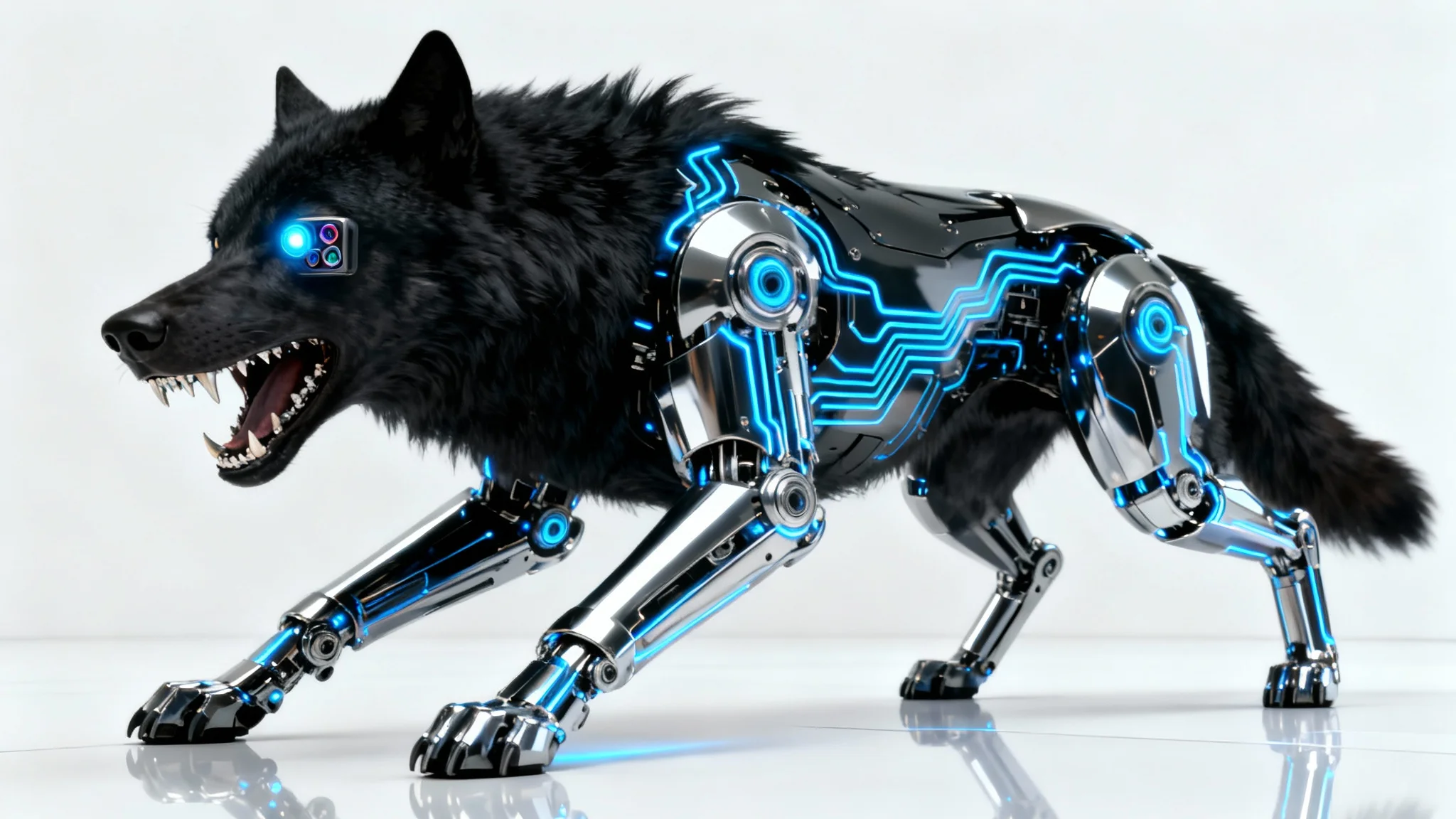 A powerful cybernetic wolf with black fur, polished chrome armor, and glowing blue circuits, posed aggressively on a clean white background.