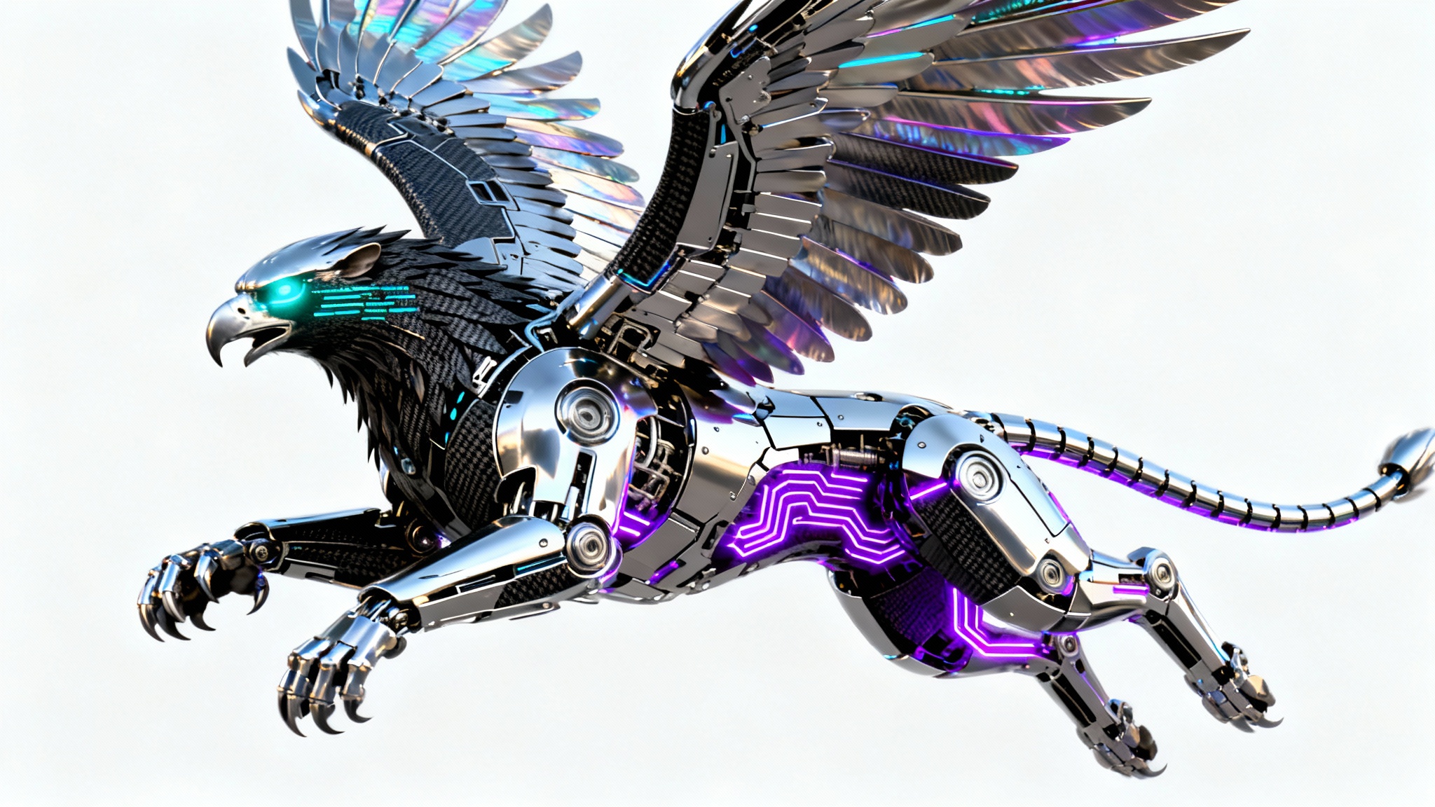 A photorealistic mockup of a cybernetic griffin, a blend of eagle and lion made from chrome and glowing circuits, poised for action on a solid white background.