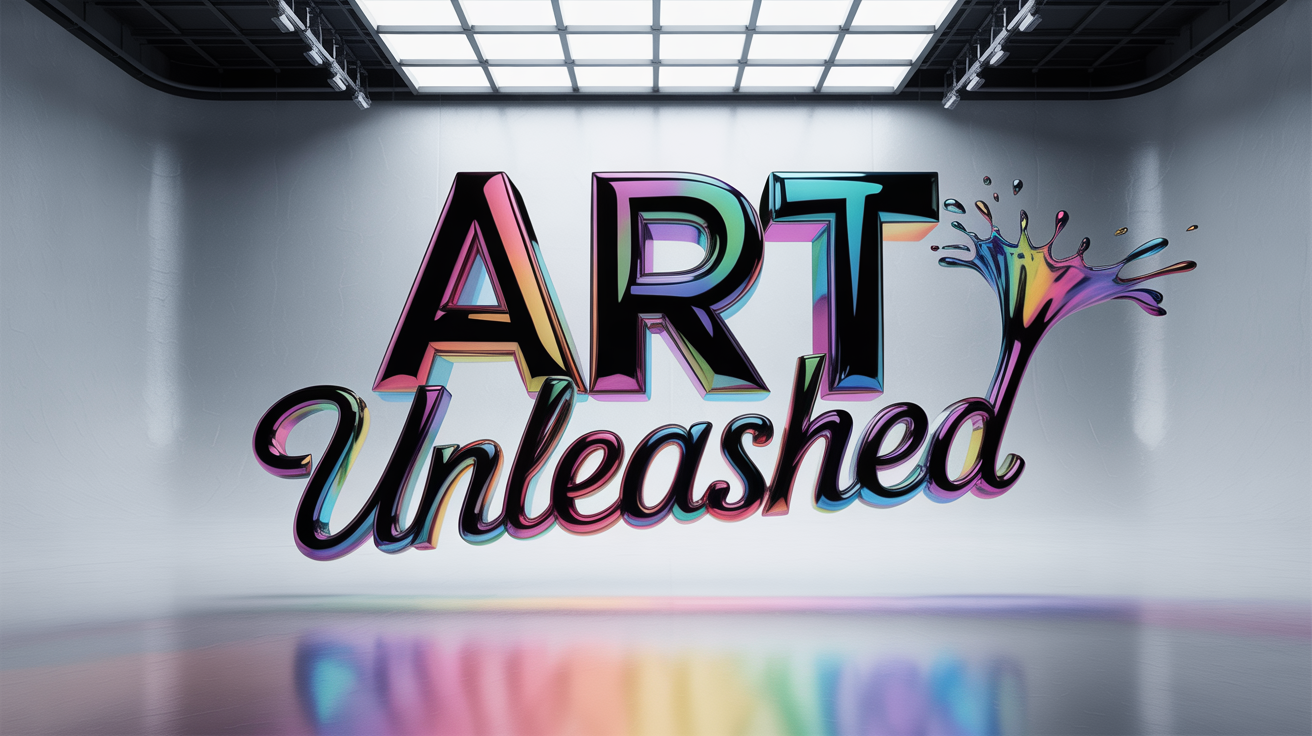 A professionally designed graphic showcasing the phrase 'Art Unleashed' in vibrant, stylized fonts. 'Art' is in a bold 3D chrome style, and 'Unleashed' is a dynamic, fluid paint script, set against a clean dark background.