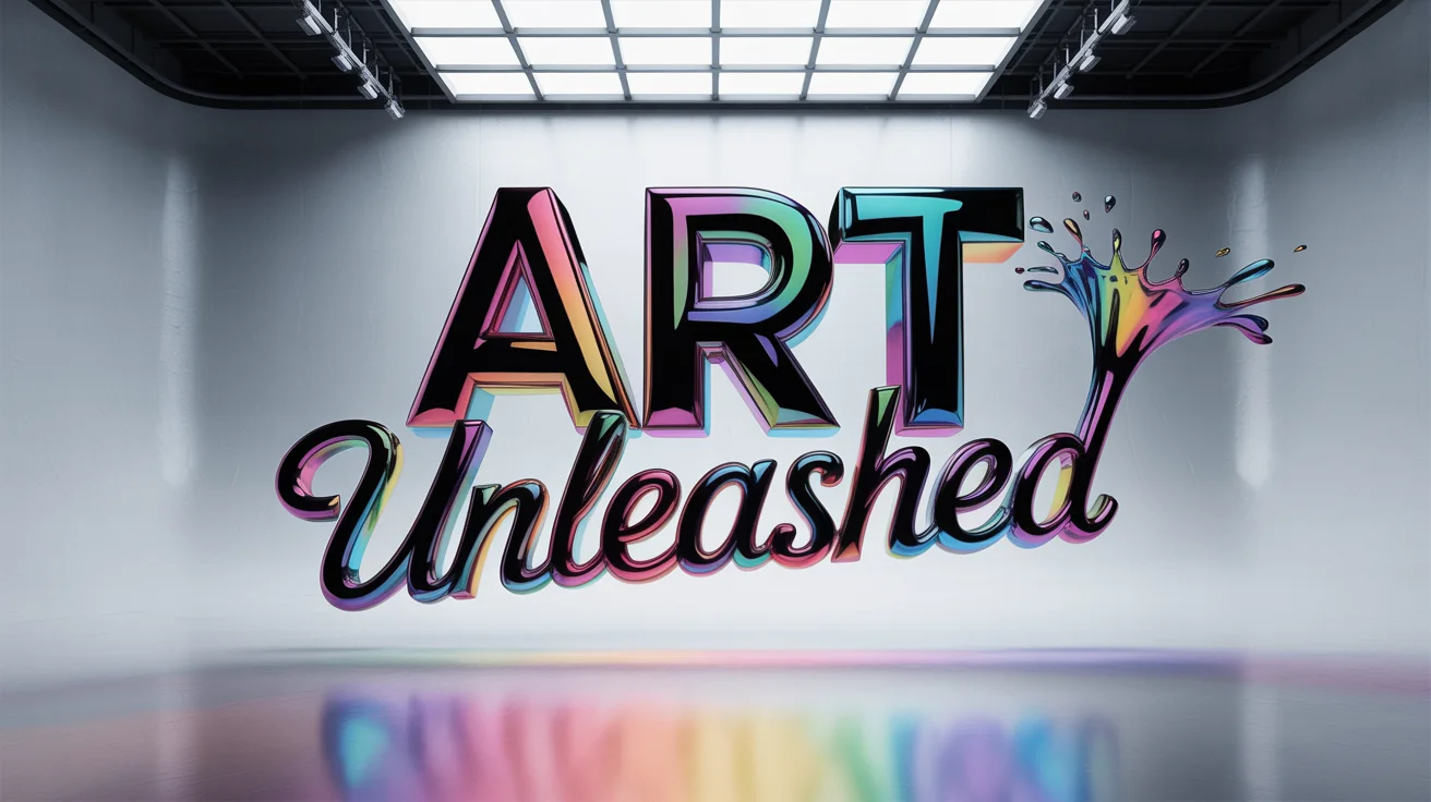A professionally designed graphic showcasing the phrase 'Art Unleashed' in vibrant, stylized fonts. 'Art' is in a bold 3D chrome style, and 'Unleashed' is a dynamic, fluid paint script, set against a clean dark background.